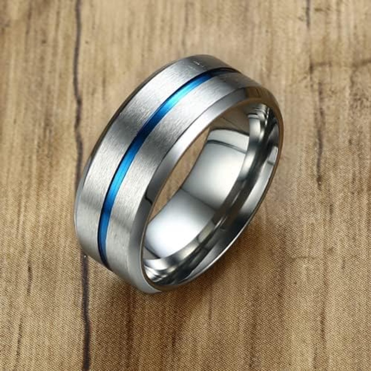 Ring van roestvrij staal, voor heren, blauwe anti-stress-ring, met groef, 8 mm, mat, afwerking, cadeau-idee voor bruiloft, verjaardag, feest, Kerstmis, 57, Metaal, Niet van toepassing