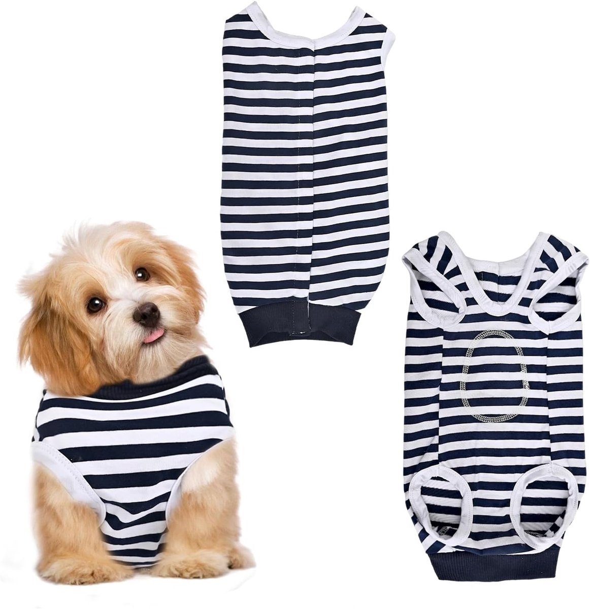 Herstelpak voor honden na operatie, beschermend pak voor honden, lekscherm, zacht pak (Marineblauw & Wit, L)