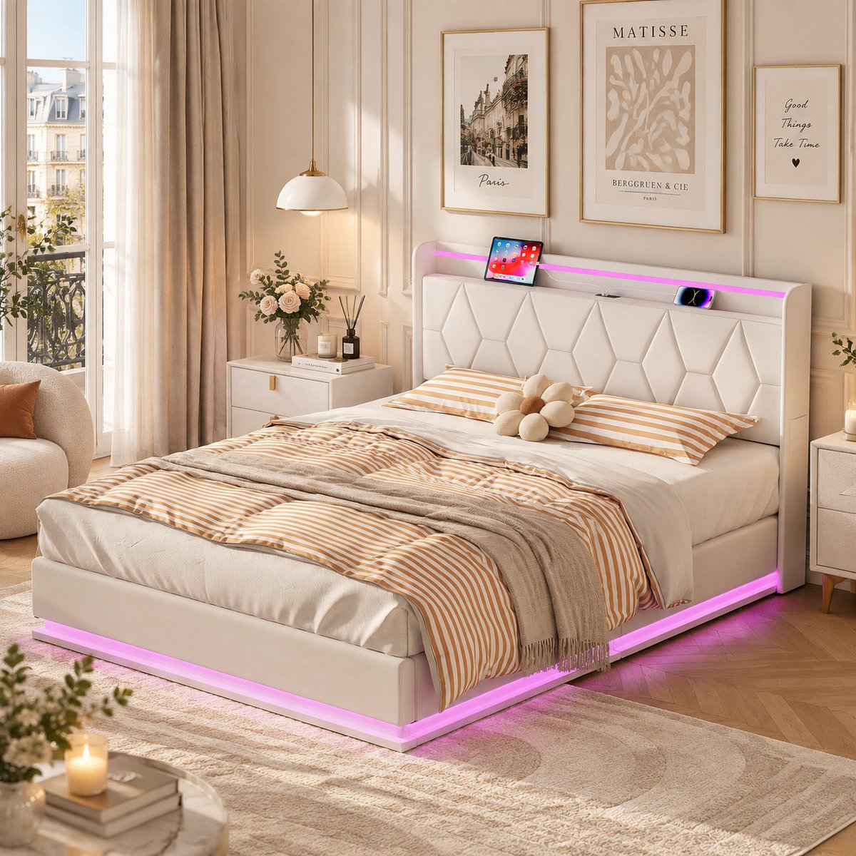 MEXUS Opbergbed 140x200 cm met hydraulische opbergruimte, led- en usb-aansluiting, tweepersoonsbed met lattenbodem en hoofdbord, voor volwassenen en tieners, flanel (Wit)