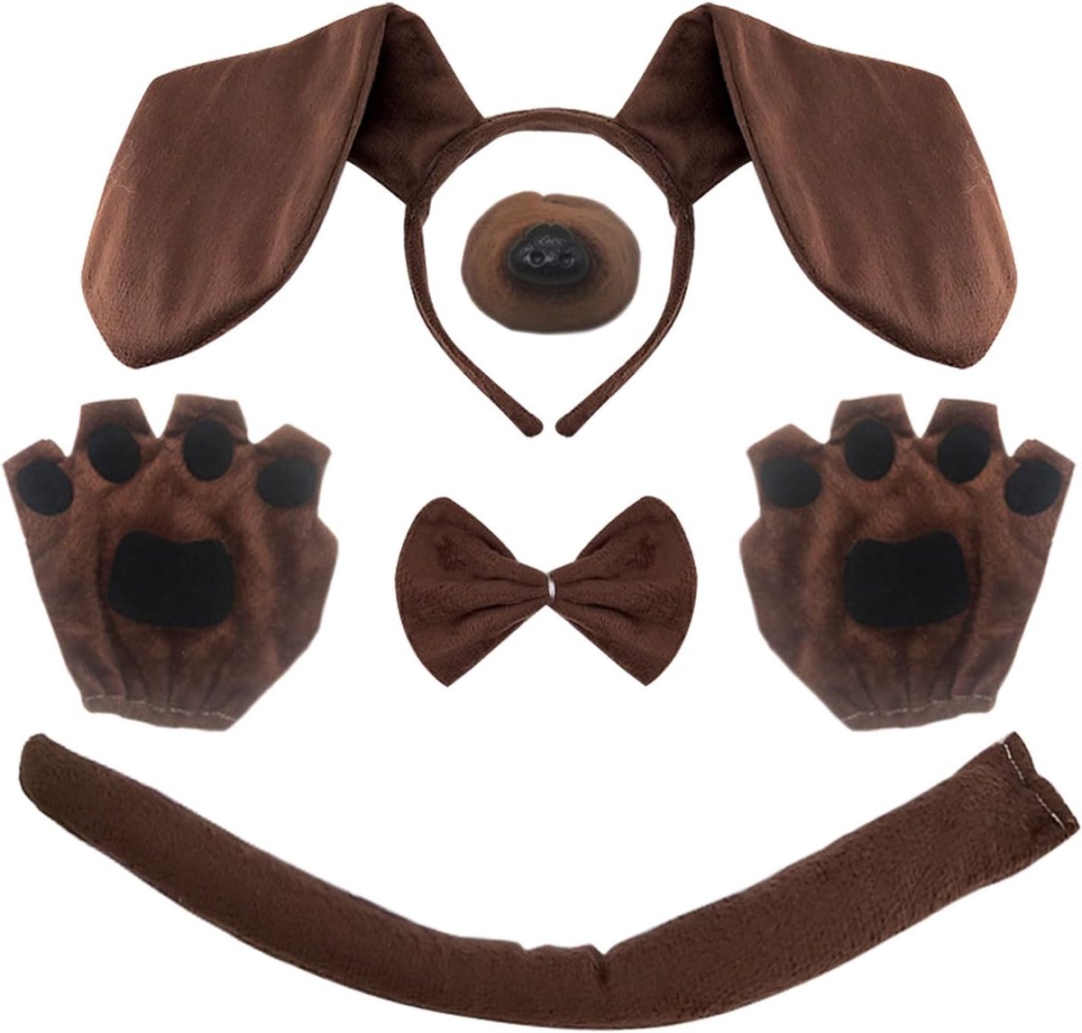 5 stuks teckel hond set, puppy hond kostuum set, inclusief teckel haarband neus staart handschoenen vlinderdas voor volwassen kinderen cosplay kinderdag kerst dier thema feest