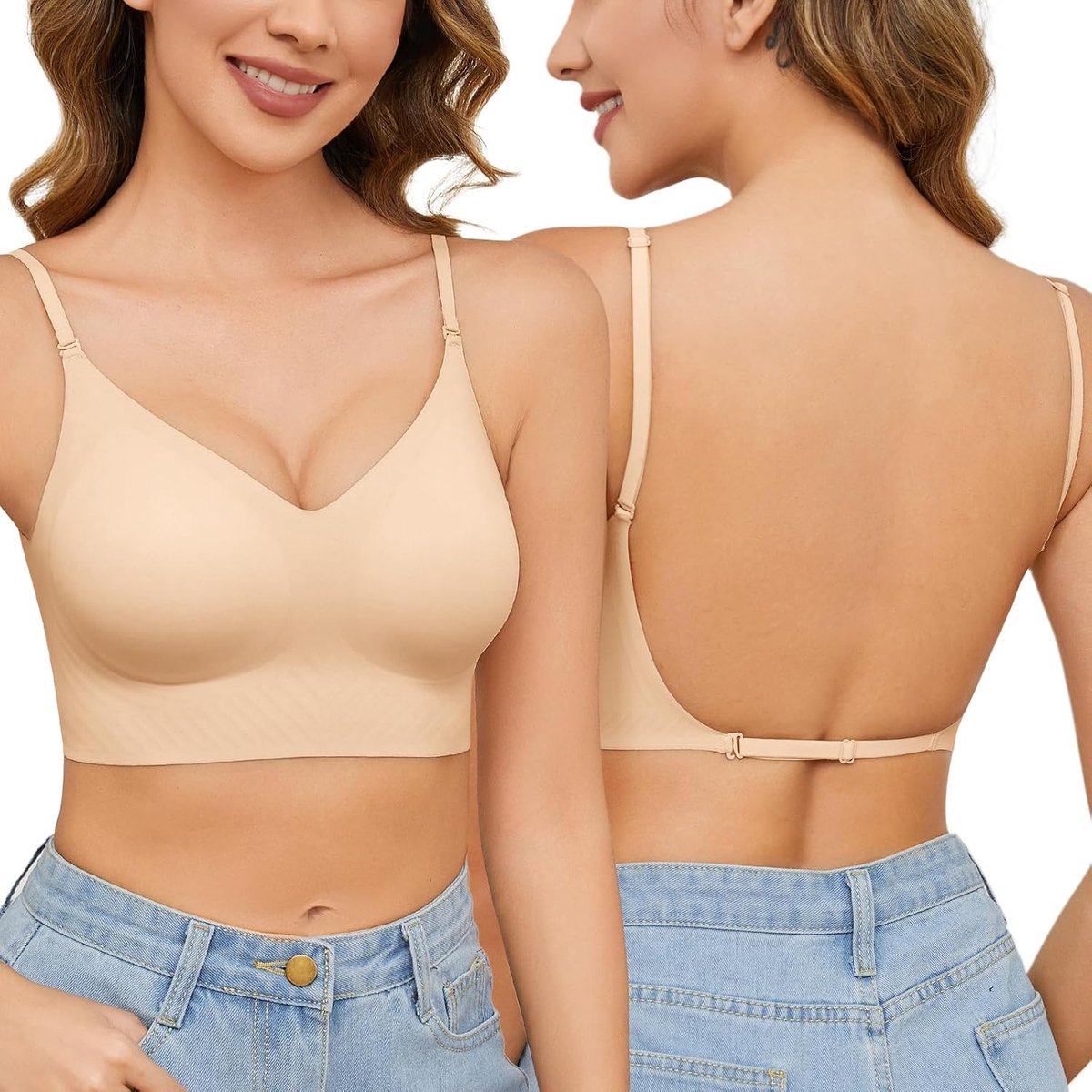 Beha met lage rug voor vrouwen, rugloze beugelvrije plunge-bh's met anti-slip basisversteller, gesp, meervoudige converteerbare riem, voor dames, onzichtbare halterbeha, V-hals, comfortabel