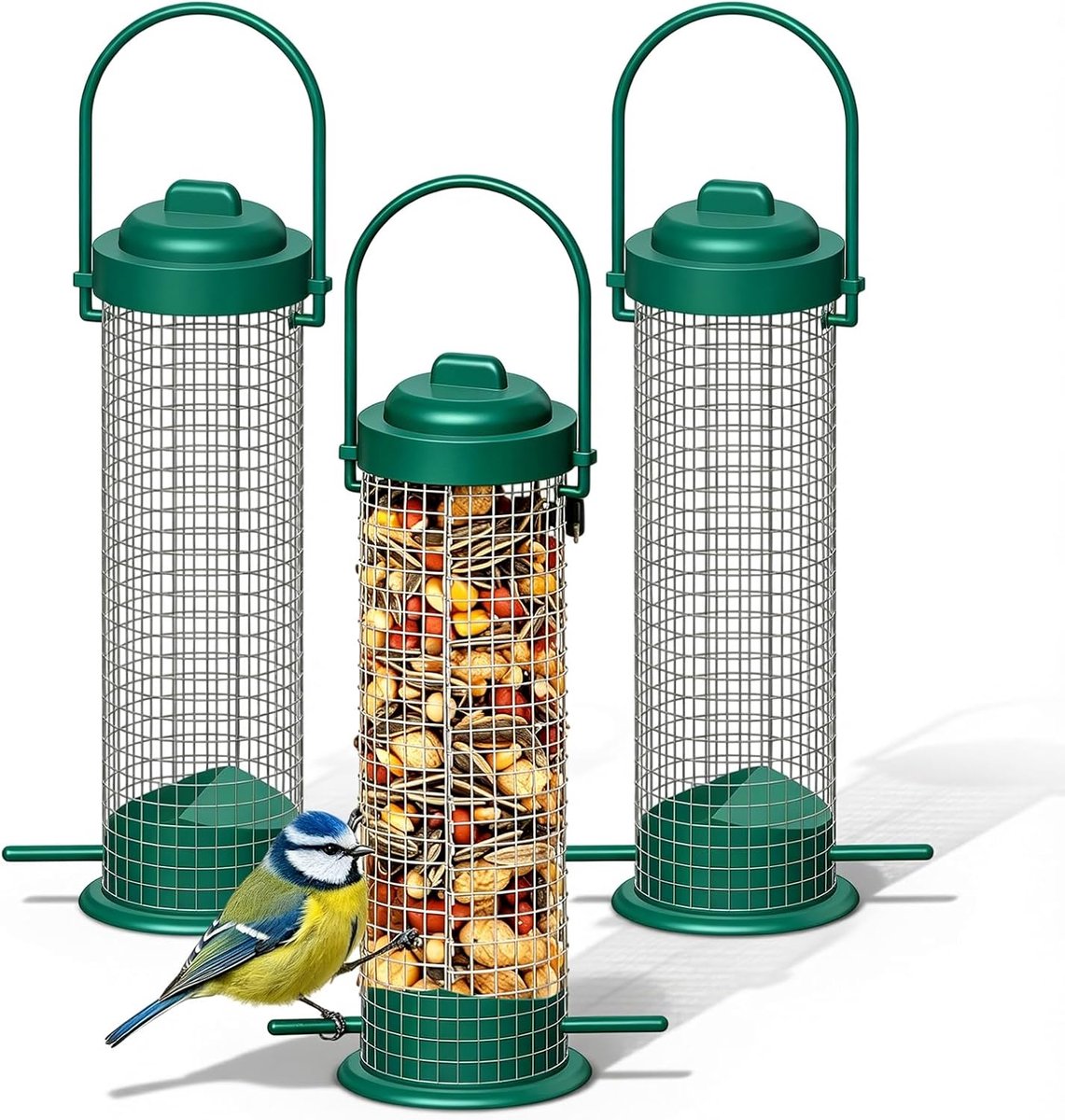3 stuks voedselbollenhouder, vogelvoederdispenser om op te hangen, weerbestendige maasbollenhouder met dak, metalen vogelvoederstation, voederdispenser voor mezen, spaars, wilde vogels