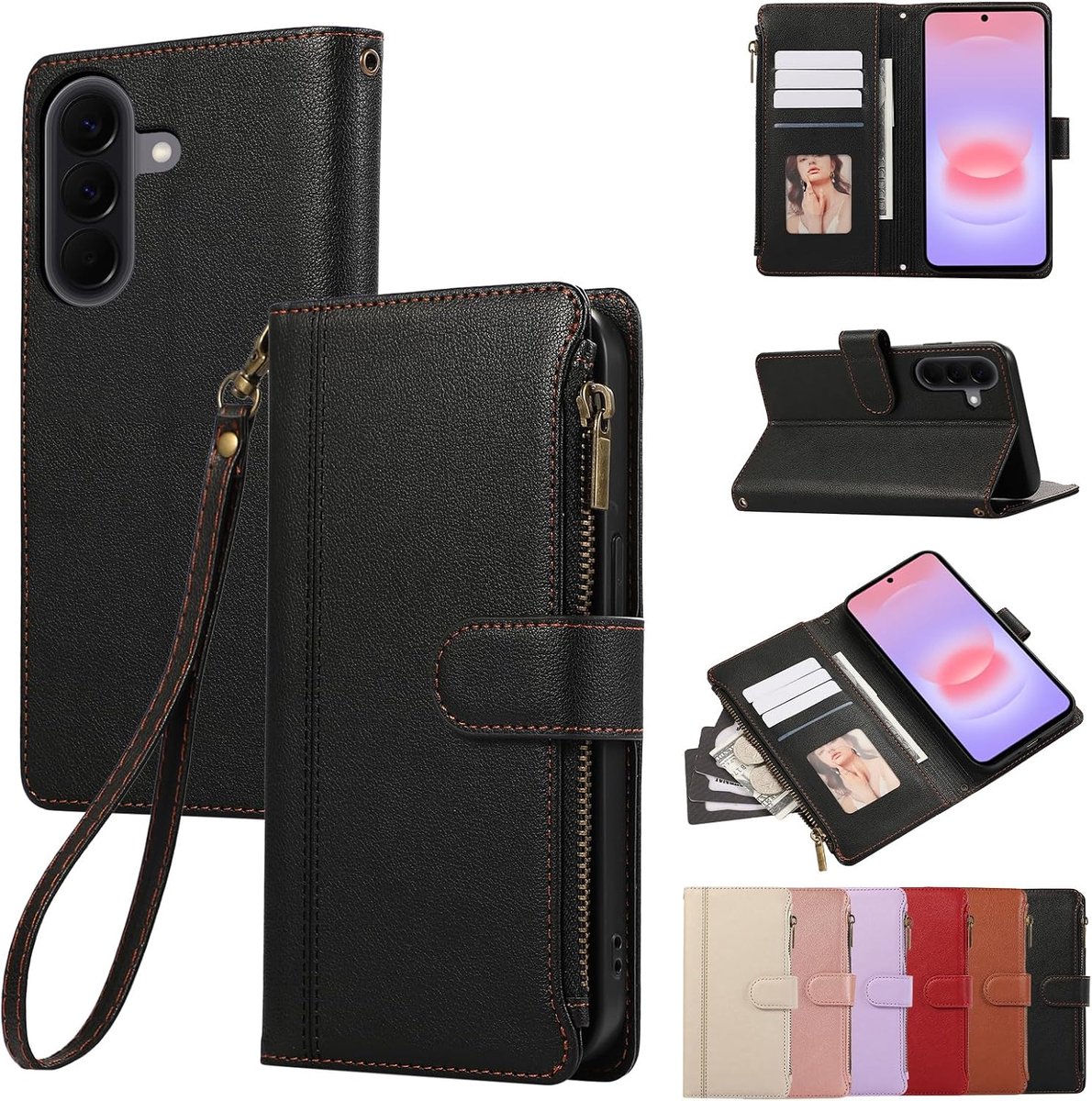 Hoes voor mobiele telefoon voor Samsung Galaxy A37 5G 2026, lederen hoes, ritssluiting, magneetsluiting, portefeuille, met 4 kaartvakken, standaard, retro leren hoes, zwart