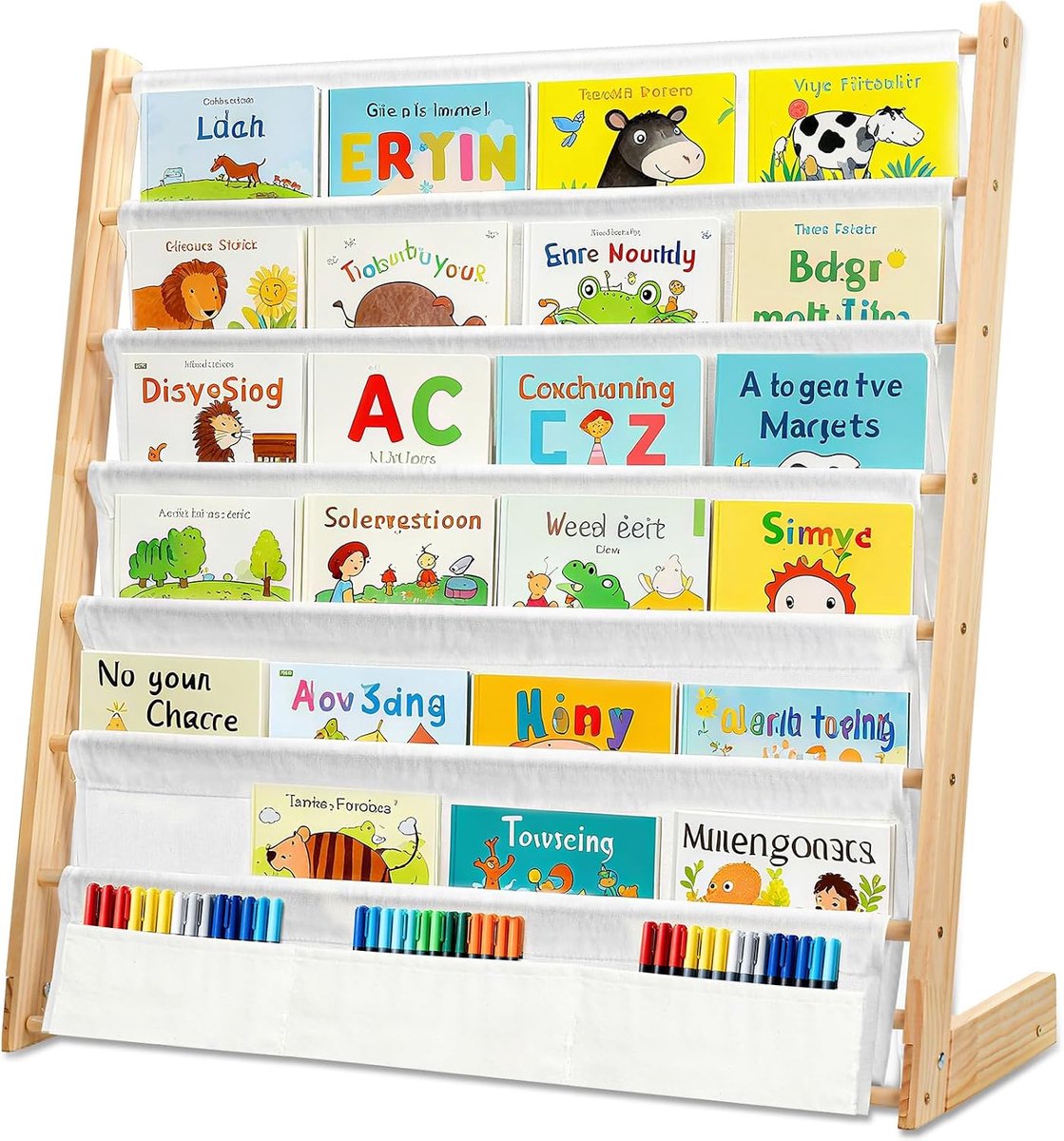 Kinderboekenkast met 6 open stoffen vakken, boekenplank, kinderkamer, opslag, speelgoed en boeken voor kinderkamer, slaapkamer, woonkamer (76 x 77,5 x 30 cm)