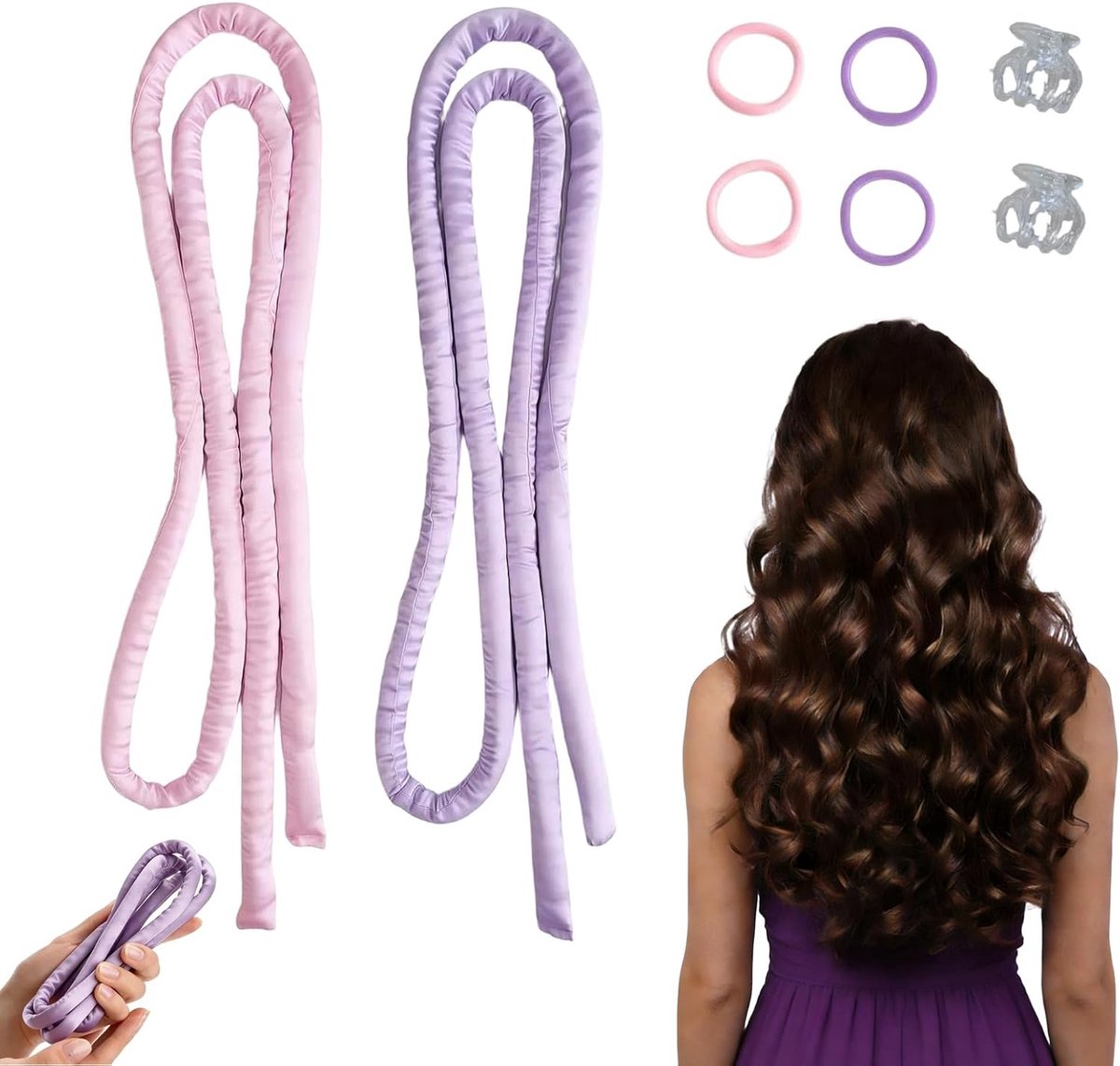 2 Stuks Hittevrije Krulbanden – Zachte Satijnen Lockenband voor ’s Nachts – Curling Ribbon voor Alle Haartypes – Roze & Lichtpaars
