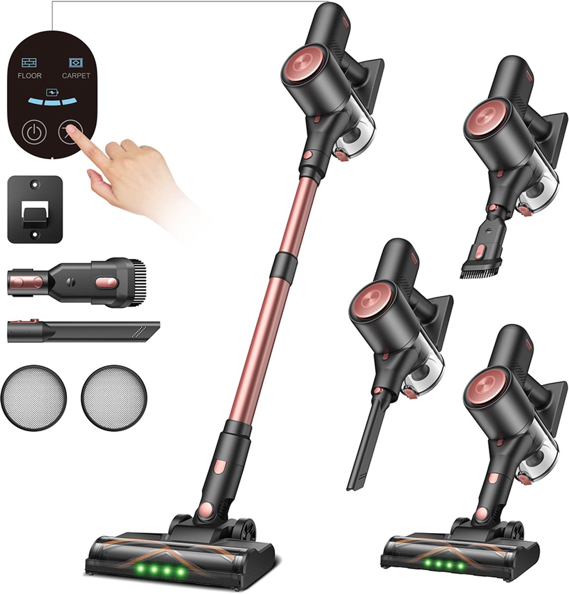 Vactidy V10 Pro draadloze steelstofzuiger, 45000Pa zuigkracht, 550W motor, tot 45 min looptijd, uitneembare 2200mAh batterij, 5-traps filtratie, 500ml stofbak, LED-display, groenlicht stofdetectie