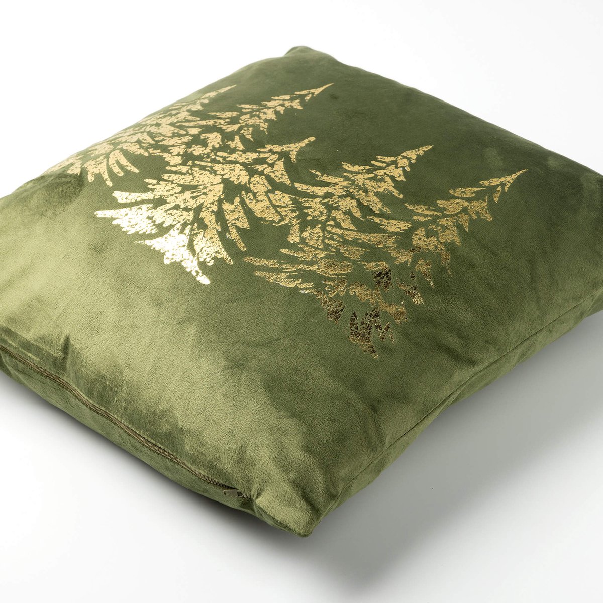 Textino kerstkussen PINEGROVE - sierkussen 45x45 cm - fluweel - dennenbomen - groen, goud - inclusief binnenkussen – foto 4