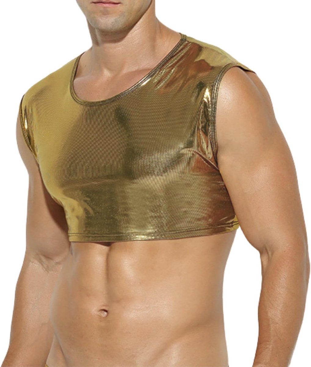 Leren crop-top voor heren, wetlook, kort, spiershirt, lingerie, lakleer, mouwloos, tanktop mannen, slim fit, imitatieleer, onderhemd, ronde hals, prikkelend ondergoed, bovendeel