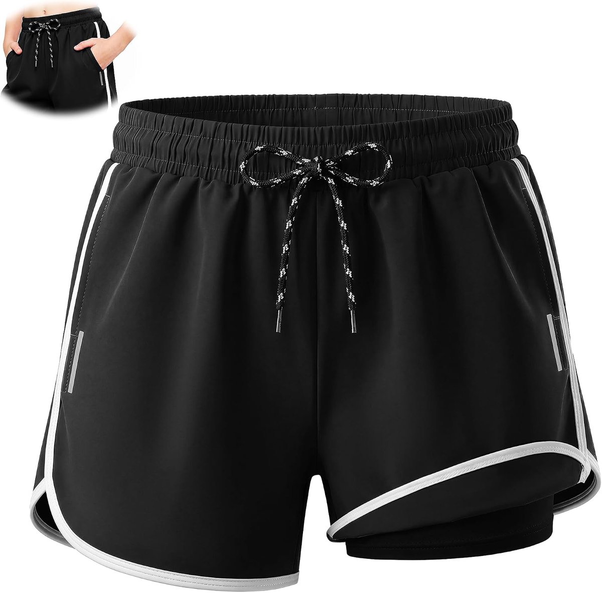 Zwembroek Jongens Meisjes Sneldrogend Korte Zwemshort met Zakken en Reflecterende Strepen Verstelbaar met Trekkoord, Zwemkleding Strand Surfen Boardshorts voor Kinderen 7-16 Jaar