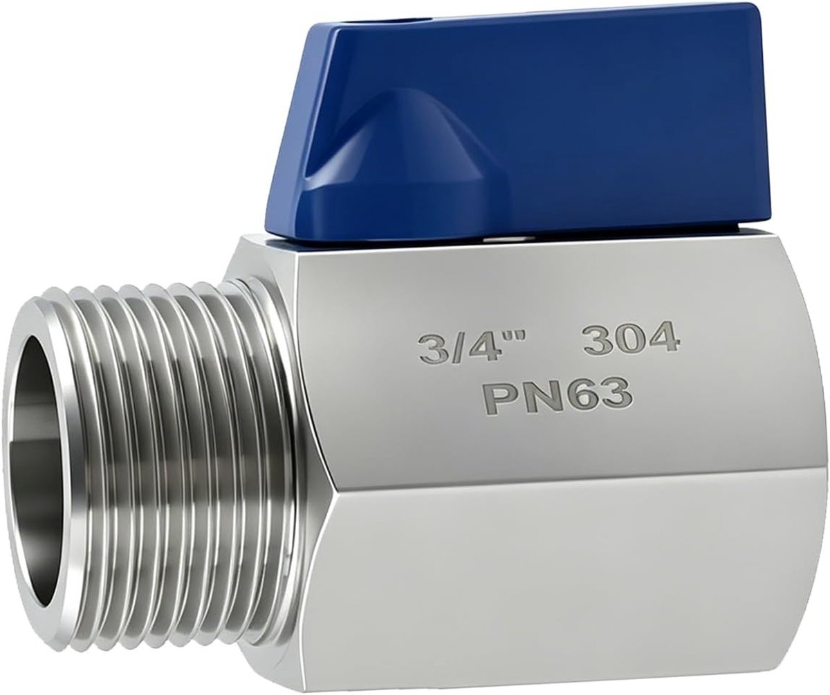 kogelkraan met blauwe handgreep, mini-kogelkraan van 304 roestvrij staal, binnen- en buitendraad, afsluitventiel voor water, olie, gas (3/4 inch)