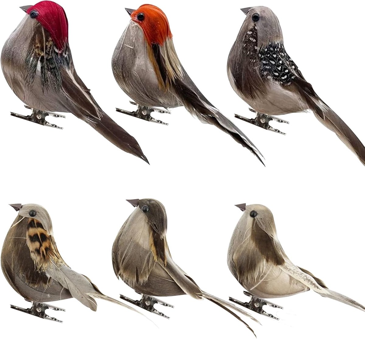 Kunstvogels met veren, 6 stuks, kunstmatige vogelfiguren, veer, figuur met clip voor landschap, ornament, tuin, bos, decoratie