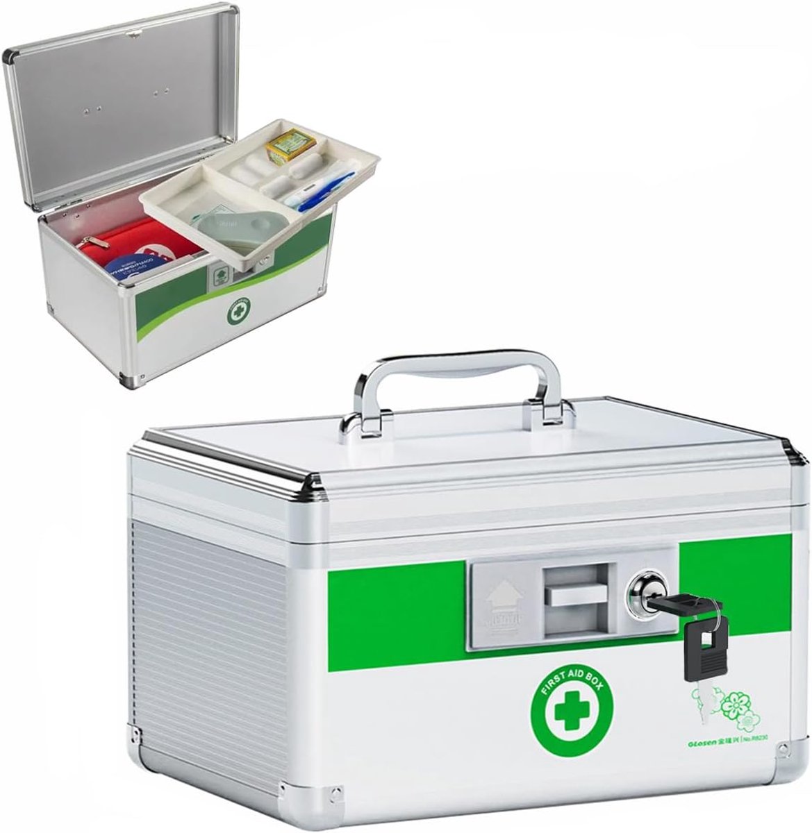 Medicijnkoffer met slot, medicijndoos, EHBO-doos met sleutelslot en handgreep, draagbaar, EHBO-set, 25 x 17,5 x 17,5 cm