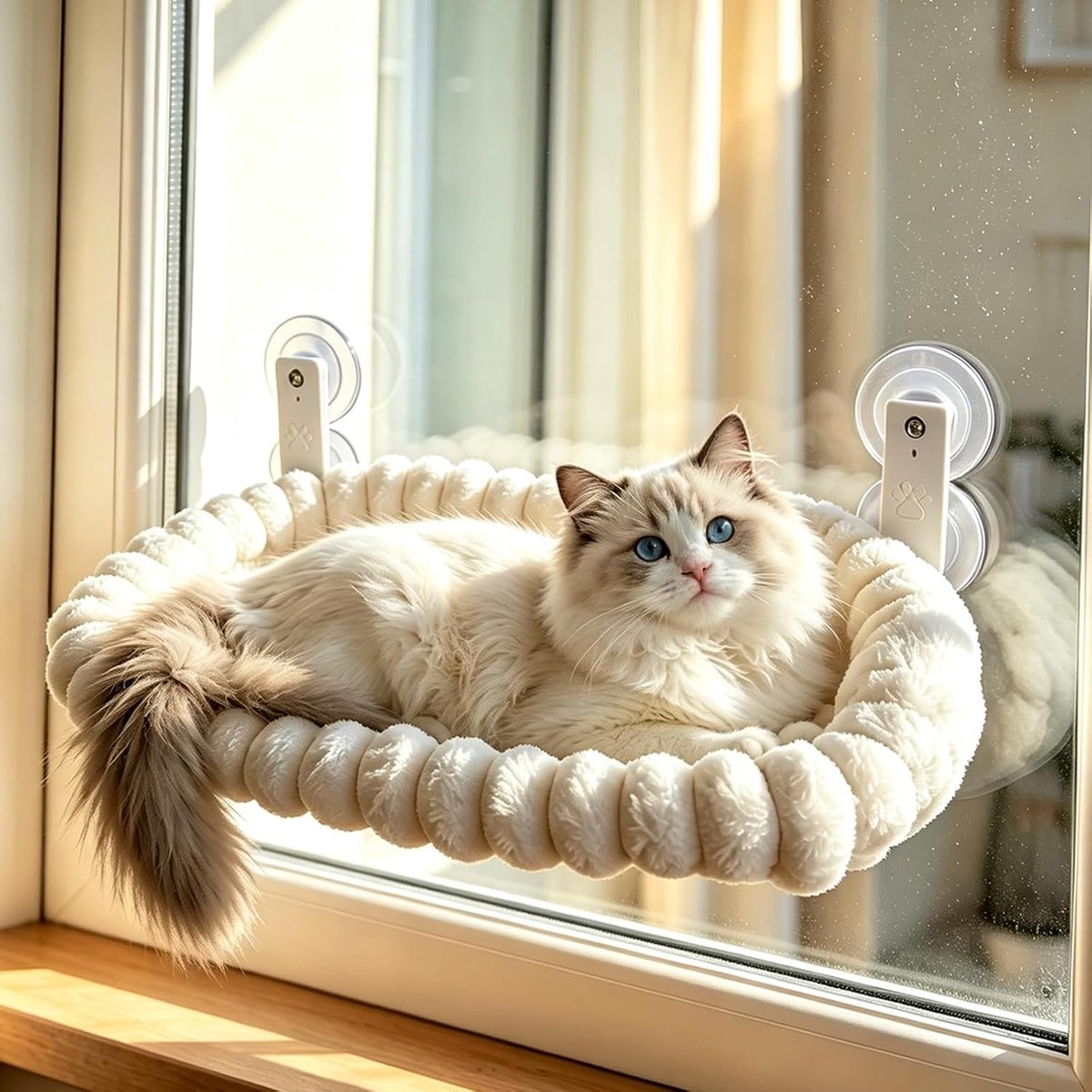 Raamligstoel hangmat zacht met 4 zijden kussen & metalen frame: 52 x 30 cm katten raamligstoel opvouwbaar met 4 zuignappen, kattenbed venster machinewasbaar