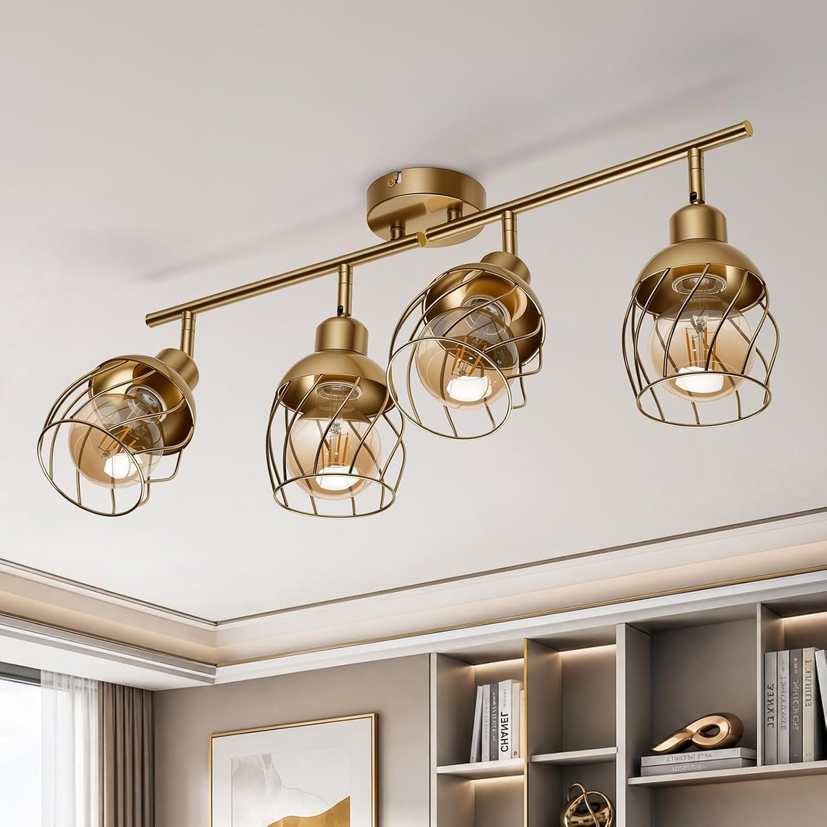 Binnenverlichting, kroonluchter, keuken, plafondlamp, 4 draaibare led-spots, industrieel, goudkleurig, metaal, kroonluchter, eetkamer, voor slaapkamer, woonkamer, hal (zonder lamp)