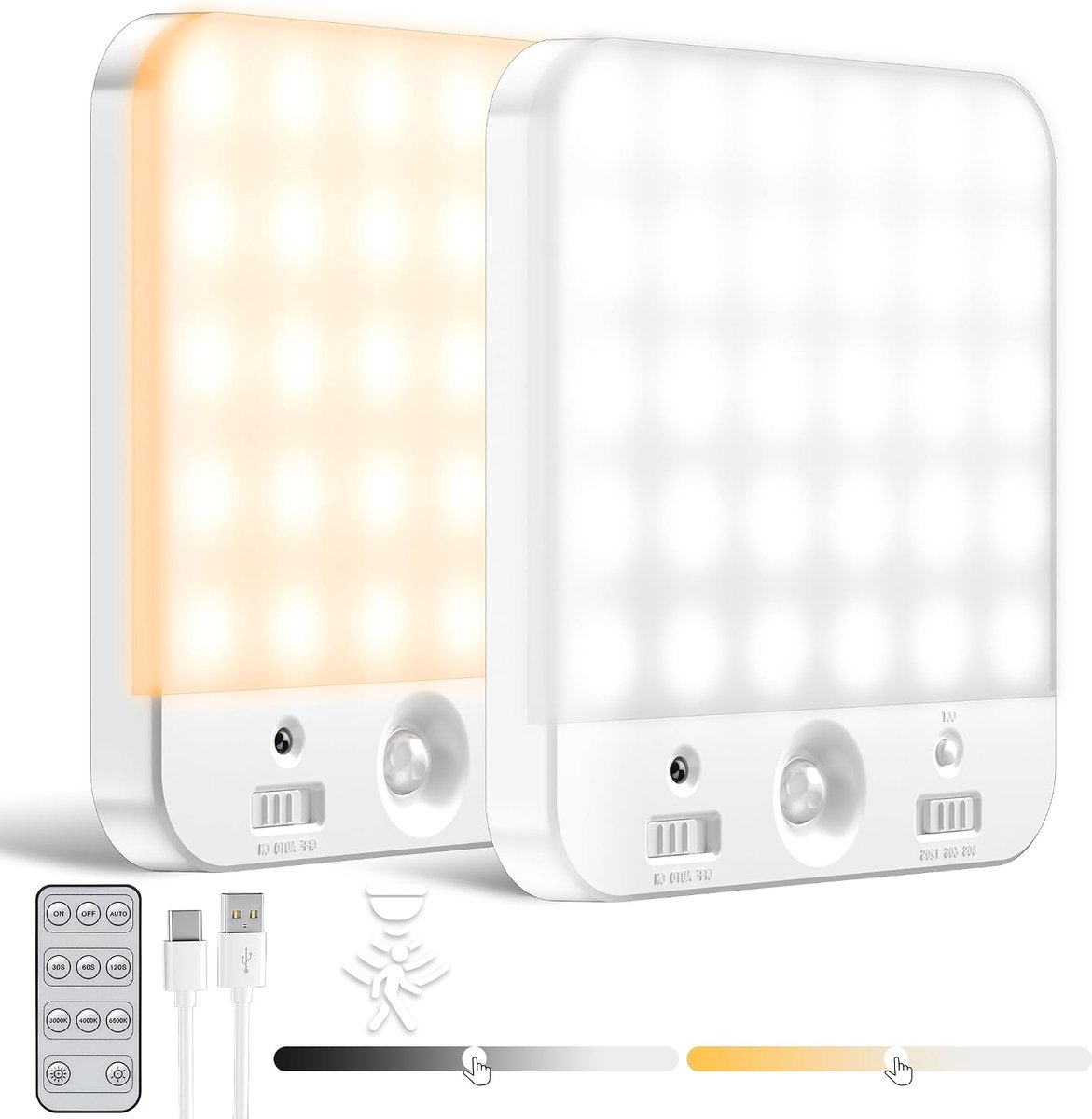 2 stuks, oplaadbare lamp met bewegingsmelder met afstandsbediening, trapverlichting, draadloos, sensor, nachtlampje voor slaapkamer, hal, kelder, kasten en garderobe
