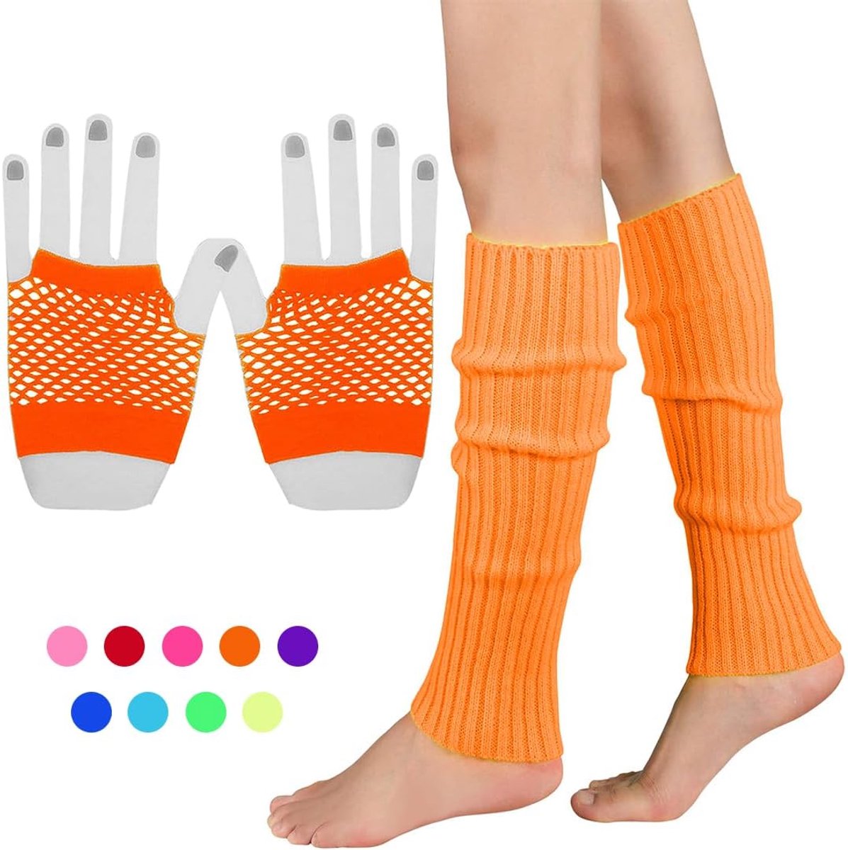 Set met elastische neon-manchetten en vingerloze nethandschoenen, kostuumaccessoires voor jaren 80