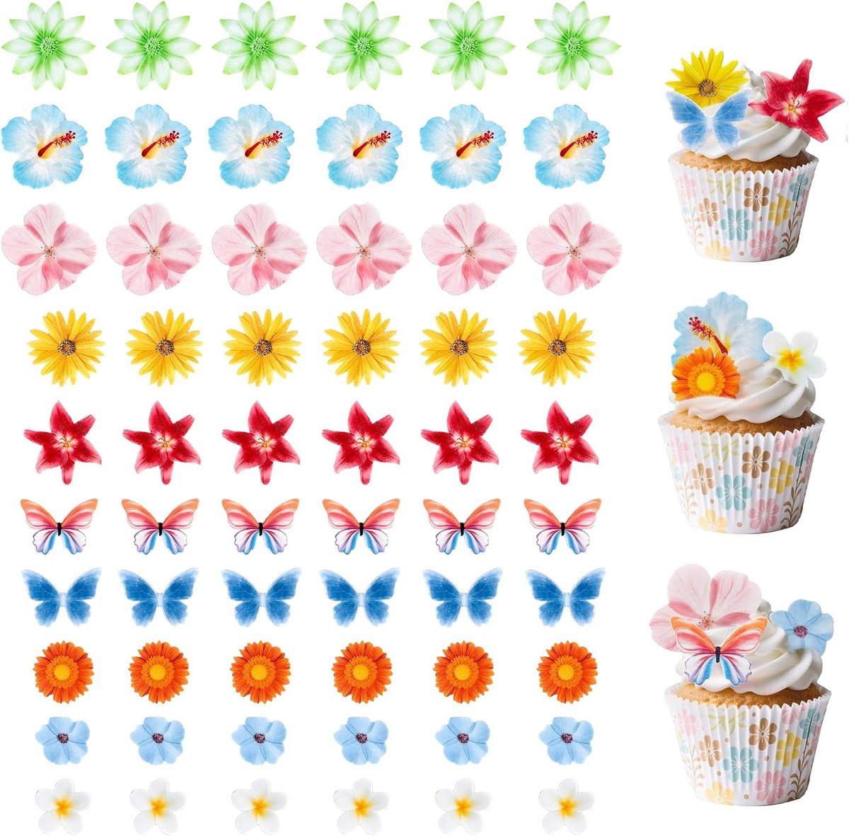 Eetbare bloemen en vlinders op eetbaar wafelpapier