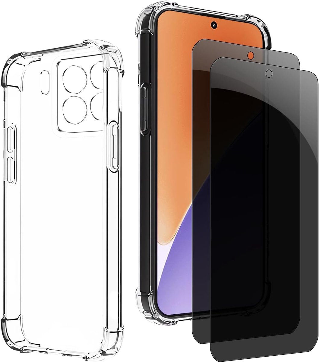 Inkijkbescherming voor Xiaomi 15 5 g, 1 TPU-hoes met 2 stuks pantserglas, 9H glas, anti-spy folie, transparante siliconen beschermhoes, anti-geel, slank