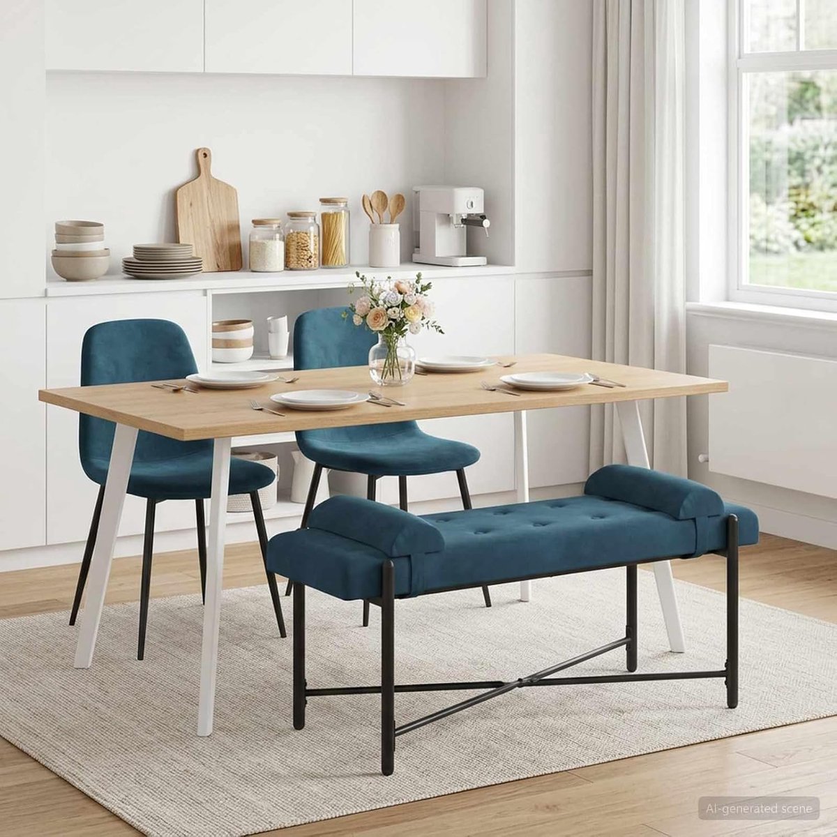Gestoffeerde zitbank van blauw fluweel, 110 x 40 x 46 cm, met kussen en knoopsluiting, elegante bank voor slaapkamer, hal of woonkamer