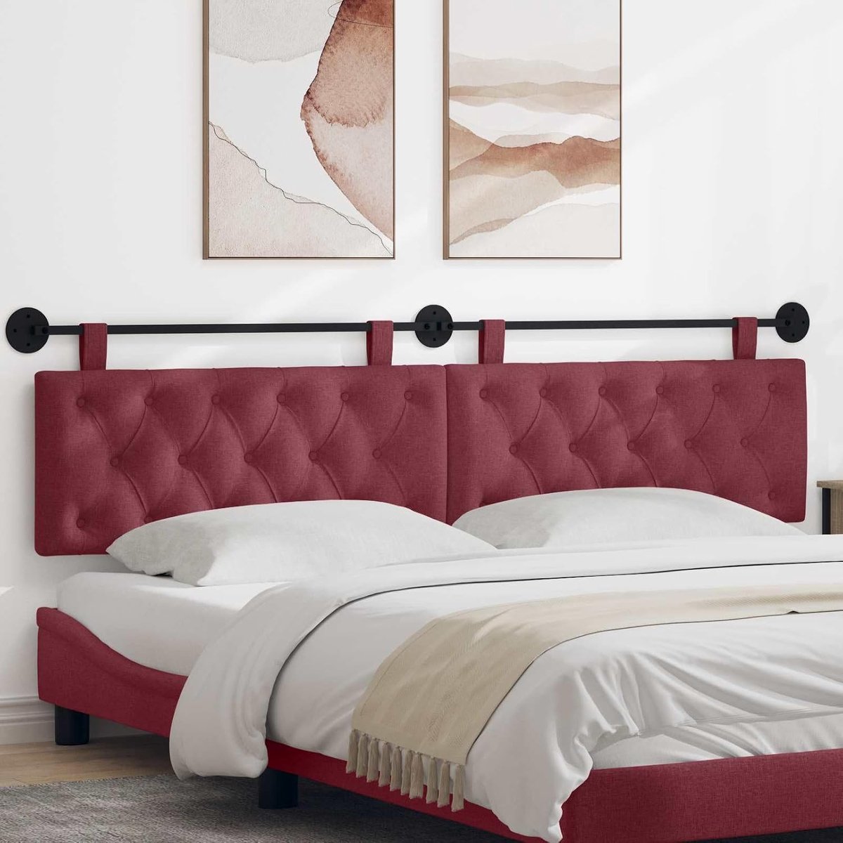 Hoofdeinde, wijnrode stof met knoopvulling, flexibele hoofdsteun en rugleuning voor slaapkamer, eetkamer of hal, zachte schuimvulling, stabiel houten frame,