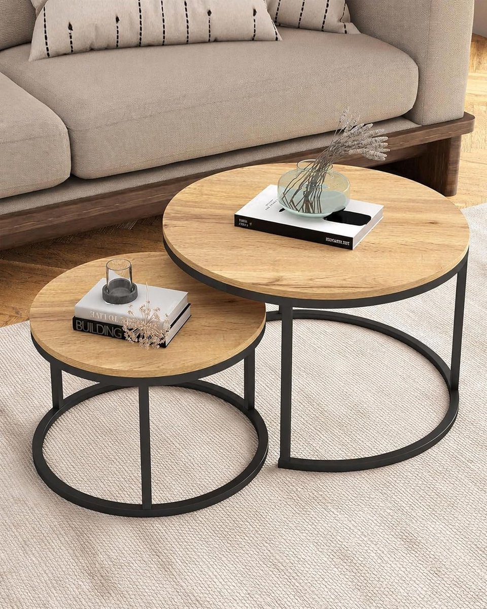 Set van 2 salontafels van hout en zwart metaal, modern, rond, 70 + 50 cm, bijzettafels voor woonkamer, woonkamermeubilair voor binnen en buiten