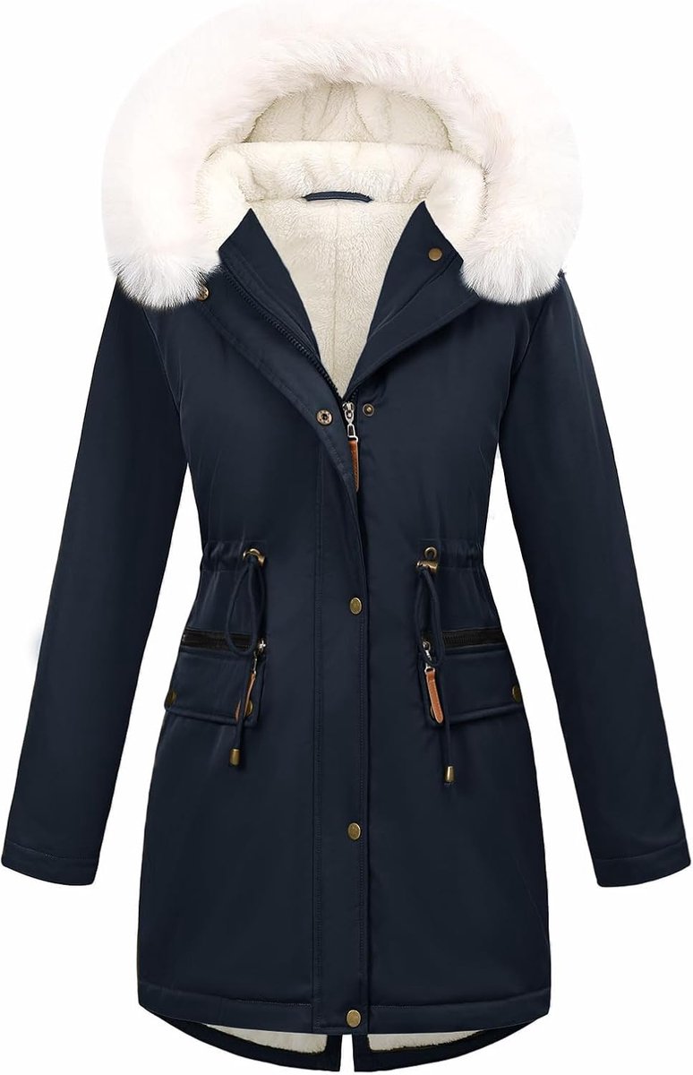 Parka voor dames, lange parka met capuchon, wollen voering, met zakken en ritssluiting, warm, winddicht