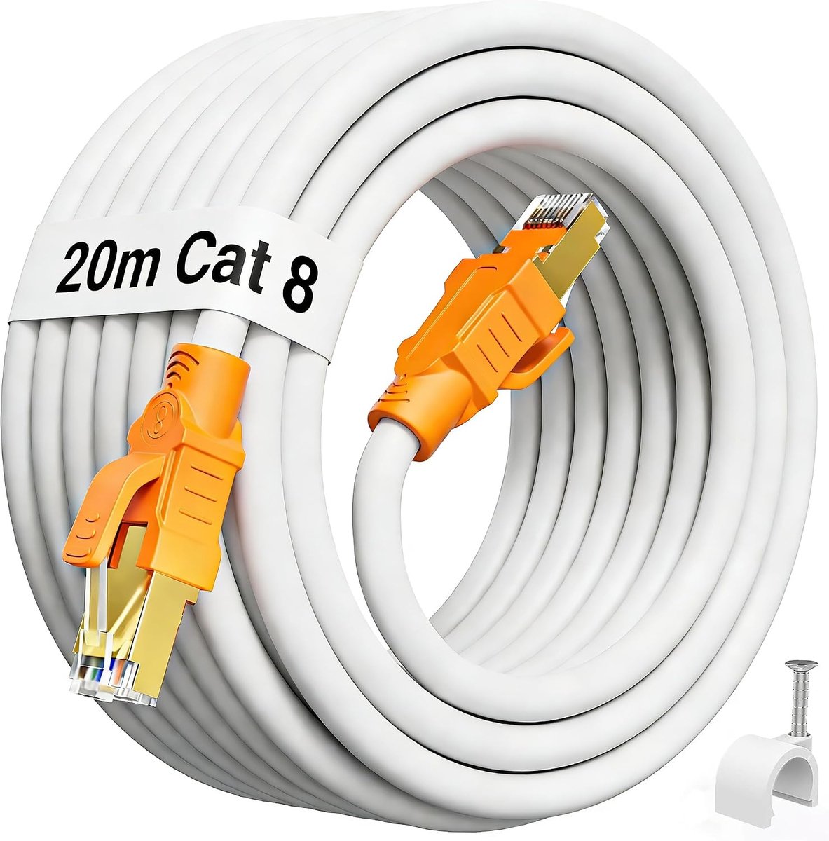 Kabel 20 Meter Cat 8, Ethernetkabel Wit Hoge Snelheid 40Gbps 2000MHz S/FTP Afgeschermd Netwerkkabel 65ft Lan Cable Gigabit Wlan Kabel Rj45 Patchkabel voor Router Modem