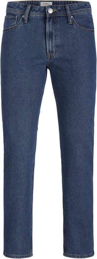 Blauwe denim jeans met een ritssluiting en knoopsluiting, met een bruin leren label op de achterkant.