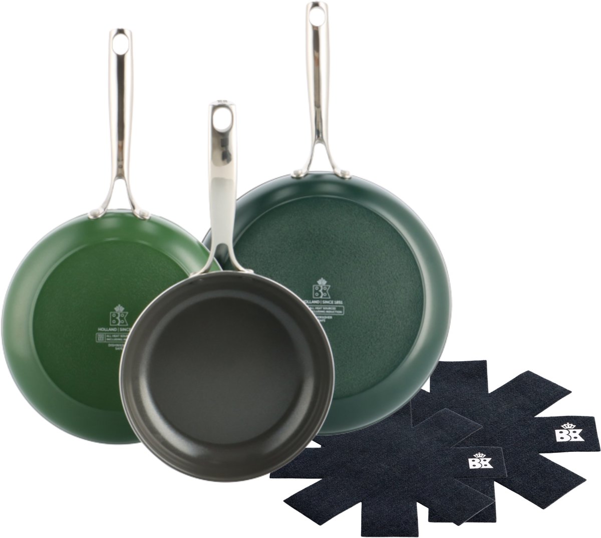 BK Sky Koekenpannenset 3 delig met 2 pan protectors - 20/24/28cm - PFAS vrije antikleeflaag – Pannenset inductie - Keramische pan – Ovenbestendig tot 220°C – RVS handgrepen - Groen