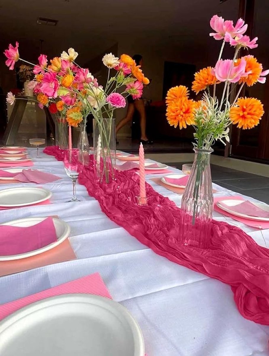 Livatto Set van 3 Kaasdoek Tafellopers - Felroze - 45 x 275 cm - Boho Rustieke Gaas Tafelloper voor Bruiloft en Feest