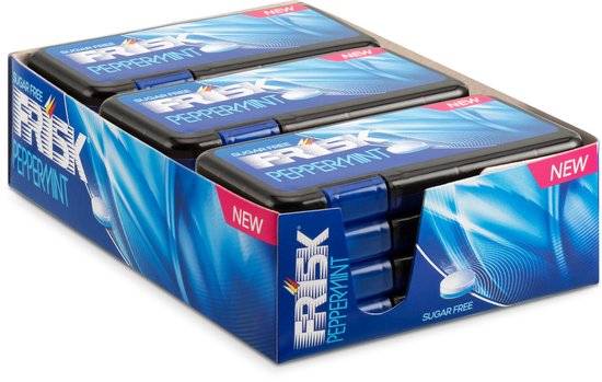 Doosje met drie pakjes Frisk Pepermunt, suikervrij. Blauwe verpakking met water-achtige golven.