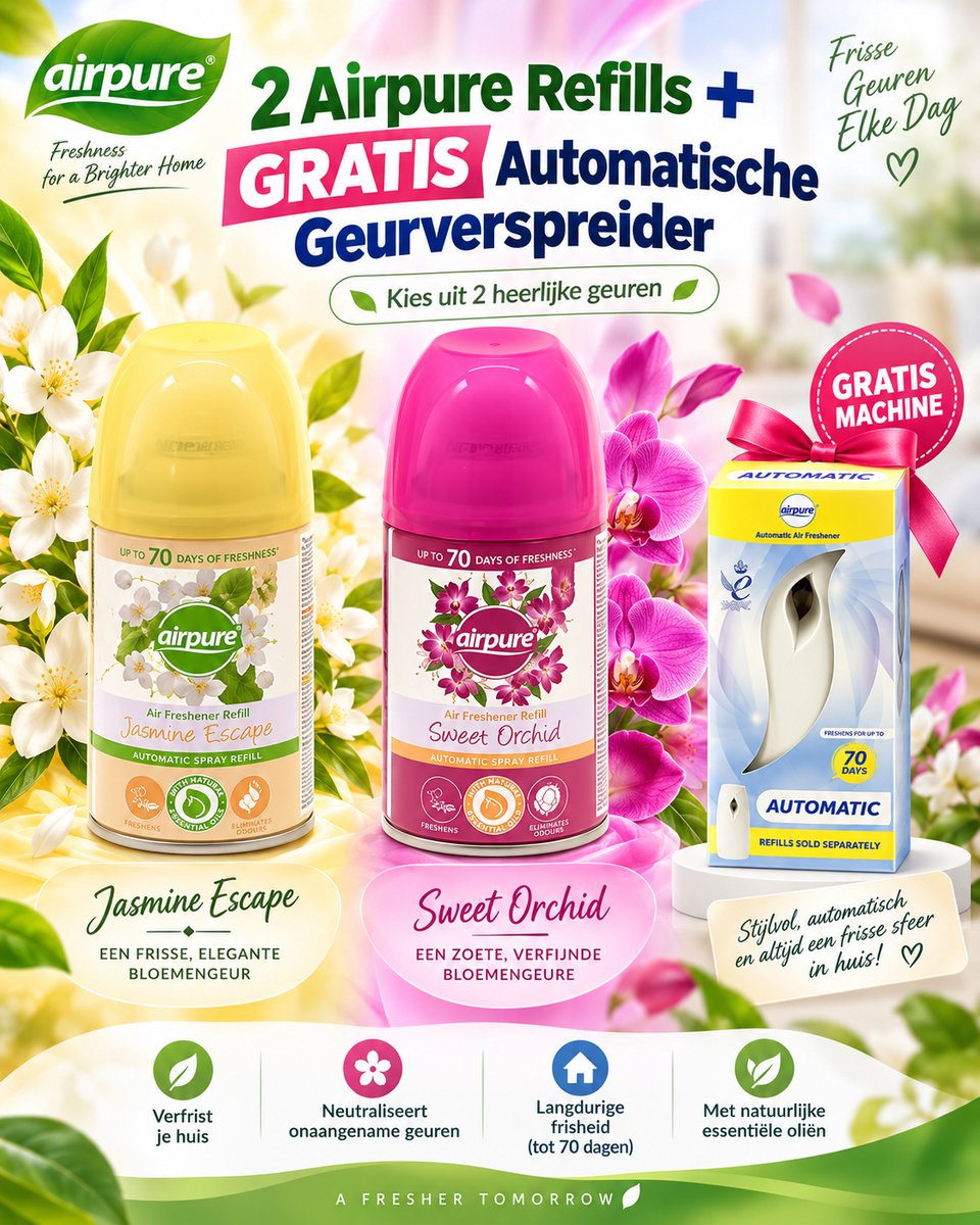 Airpure Automatische Luchtverfrisser Set – 2x 250 ml Refill Jasmine Escape & Sweet Orchid + GRATIS Automatische Geurdispenser – Tot 70 Dagen Frisheid