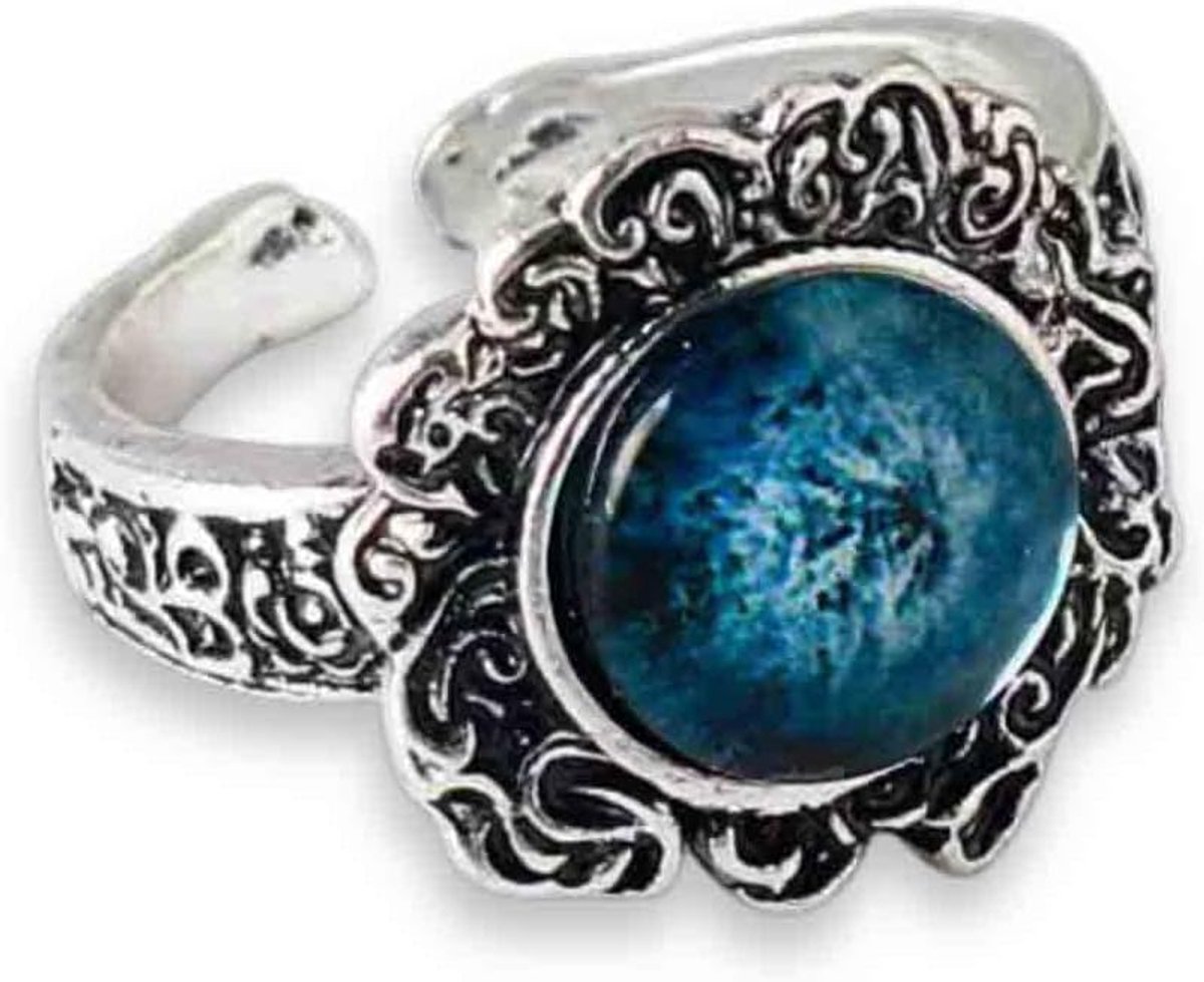 Ring met donkere maan van metaal – gothic design met blauwe steen – in grootte verstelbaar – fantasy-accessoire