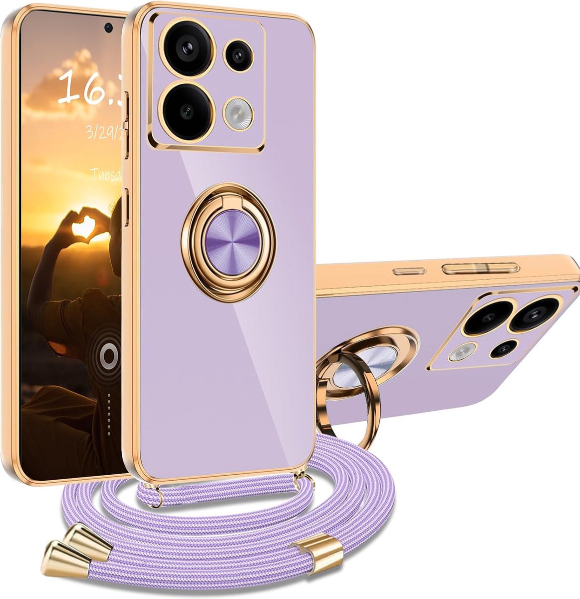 Telefoonhoesje voor Xiaomi Redmi Note 13 Pro 5G, Xiaomi Redmi Note 13 Pro 5G, met koord, standaard, krasbestendige siliconen telefoonketting, stootvaste beschermhoes, paars