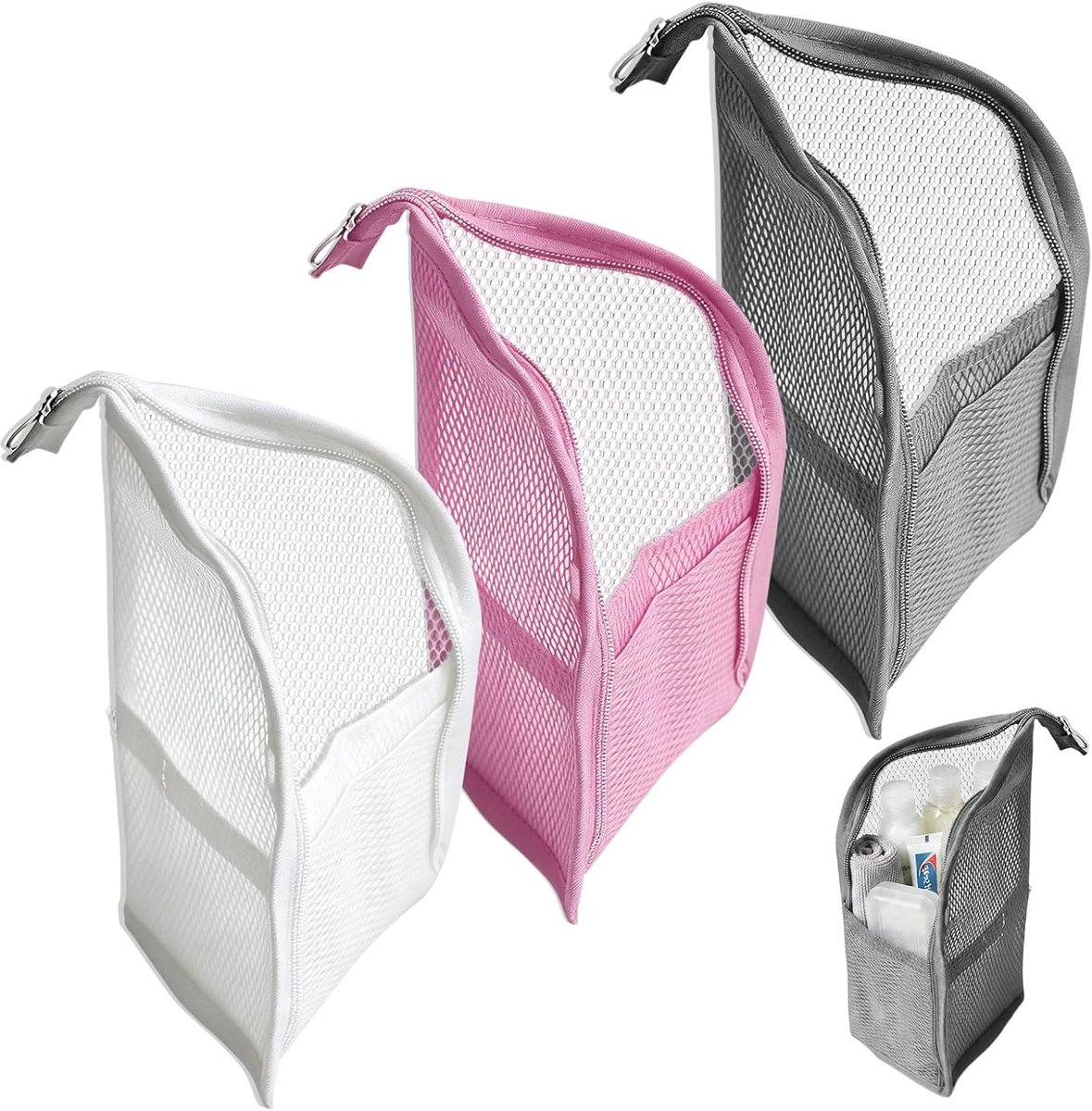 Toilettas, voor reizen, 3 stuks, wit, roze, grijs