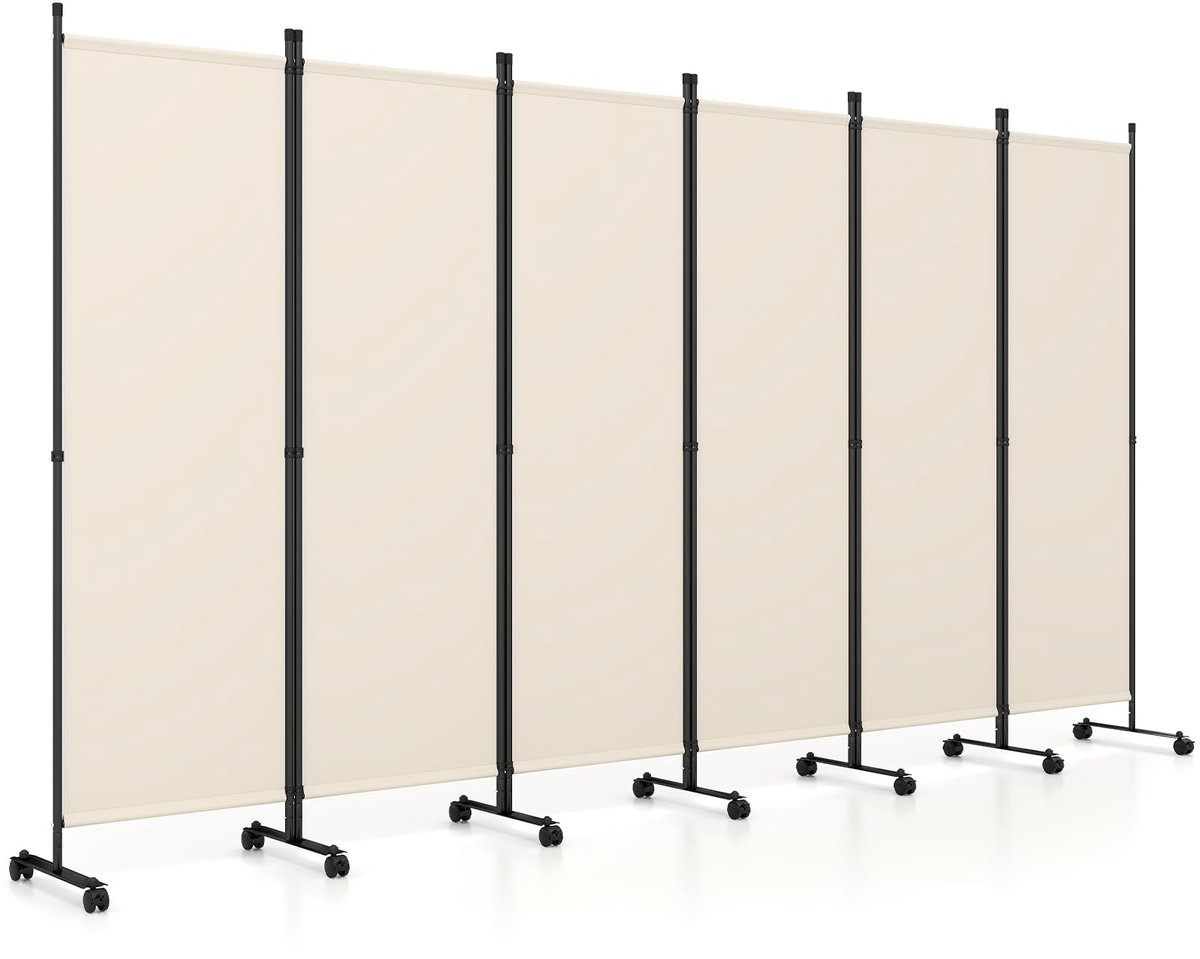 Costway Ruimteverdeler op wieltjes, kamerscherm, 6-delig, scheidingswand opvouwbaar, van stof, inkijkbescherming voor meer privacy en flexibiliteit, 334,5 x 172 cm (wit)