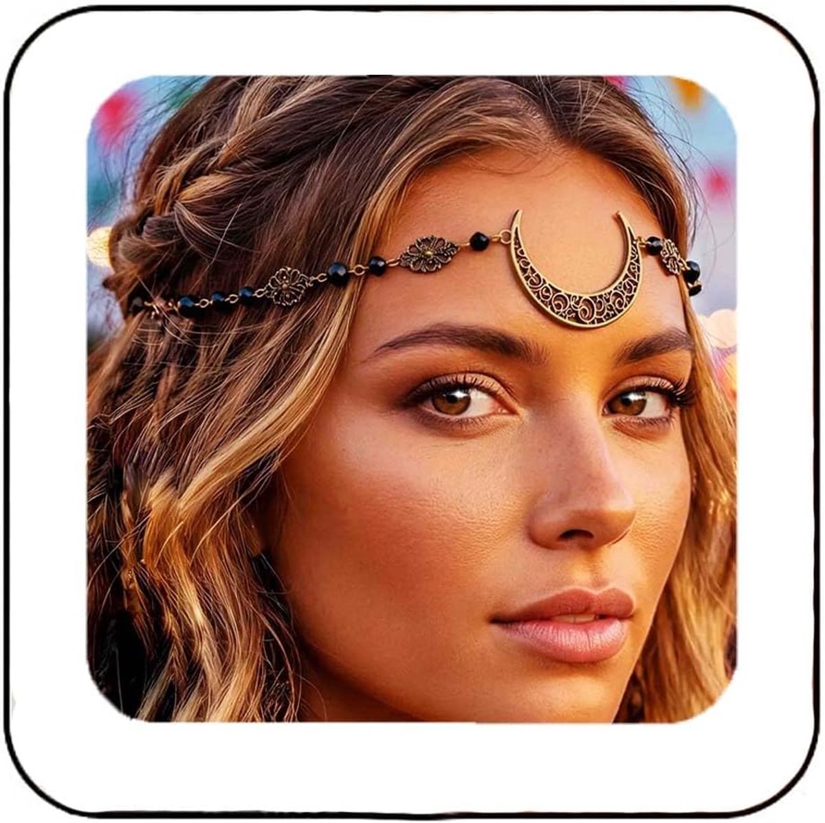 Moon Head Chain Gold Vintage Hoofddeksel Zwarte Kralen Festival Haaraccessoires Bloem Bruids Bruiloft Haar Ketting Sieraden voor Vrouwen en Meisjes
