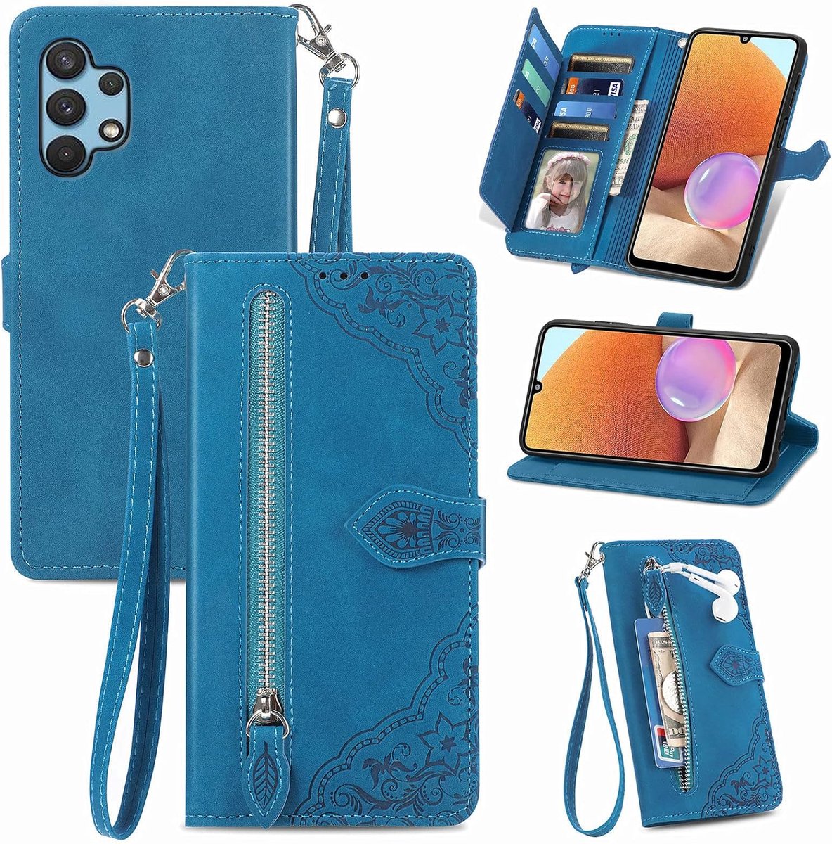 Hoes voor Samsung Galaxy A32 4G, standfunctie lederen telefoonhoes met grote capaciteit magnetische sluiting kaartsleuven compatibel met Samsung A32 4G - Blauw
