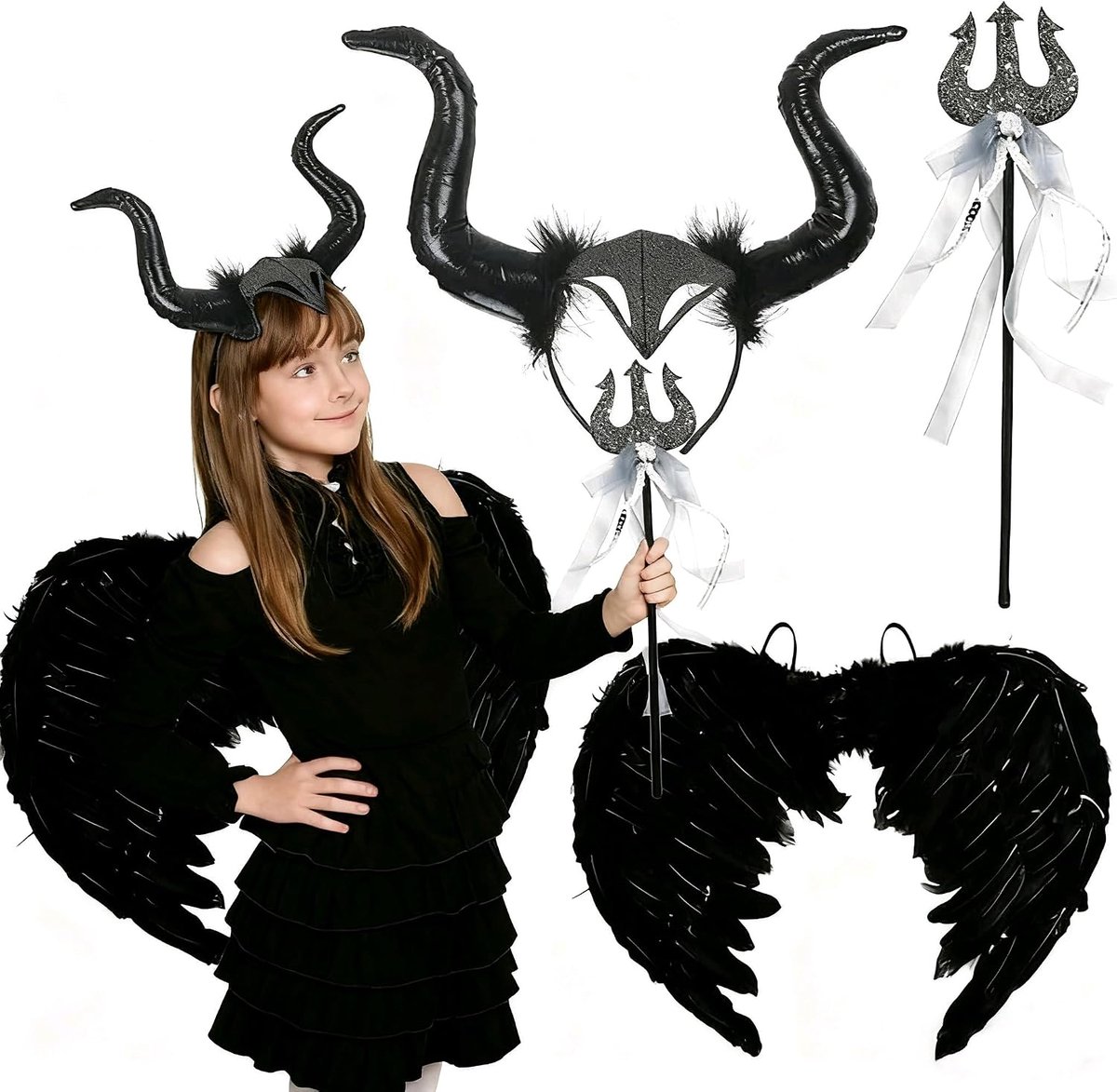 Maleficent-kostuum voor meisjes, carnavalskostuums voor kinderen met koninginhoorns, vleugels en wandelstok, Maleficent-hoornskostuum voor meisjes voor Halloween, carnaval, cosplay, zwart