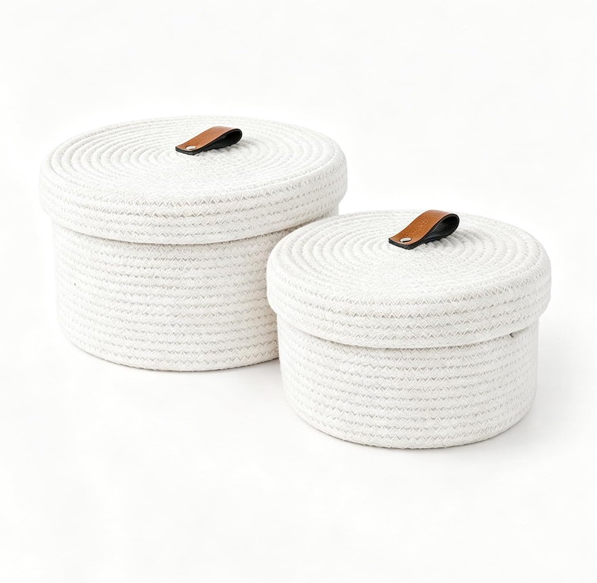 2 stuks opbergmanden met deksel, gevlochten katoenen draad mand met handvat, wasbare decoratieve mand met deksel, multifunctionele organizer voor planken, woonkamer en badkamer (wit)