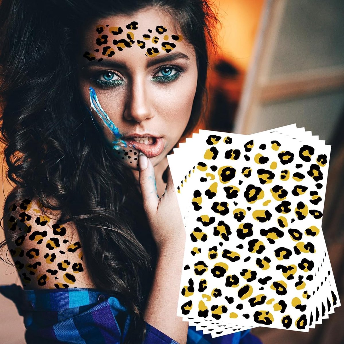 Face Art stickers, 6 stuks luipaard gezichtstattoo stickers, zelfklevende tijdelijke tatoeageset, voor carnaval, Halloween, party, make-up (A)