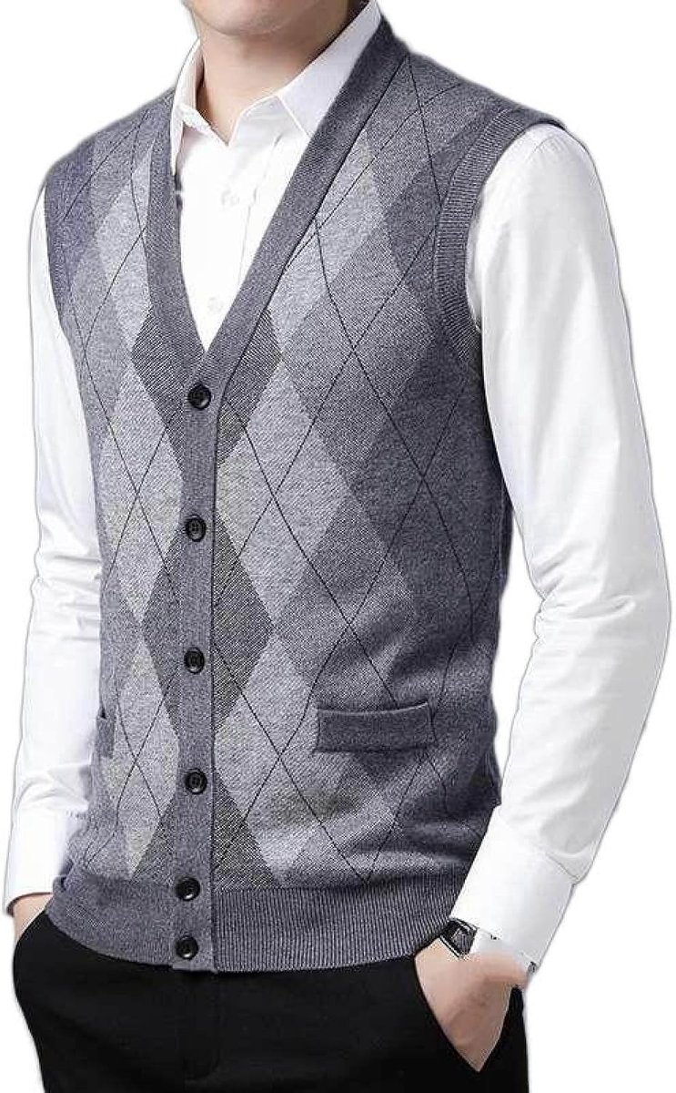 Kasjmier Gemengd Argyle Gebreid Vest Met V-Hals, Klassiek Kleurbijpassend Ruitpatroon Casual En Veelzijdig Mouwloos Vest, Heren Gebreide Trui Vest Tanktops, Lichtgrijs, S