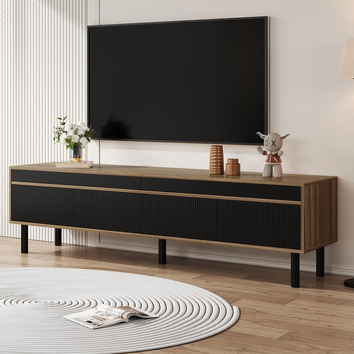 tv meubel met 4 push-to-open deuren - Opbergmeubel voor woonkamer - 170 cm breed - Zwart en naturel hout - Gestreepte deurfronten - Houten poten - Geschikt voor 70 inch tv