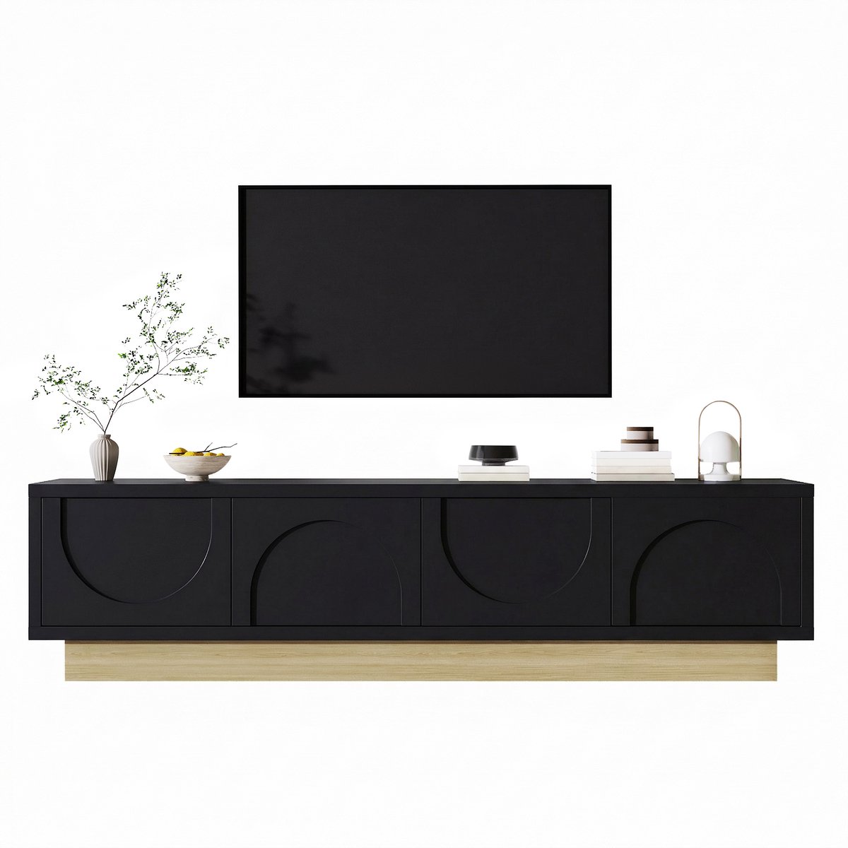 Zubaliya tv meubel Zwart-Hout 175 cm - Minimalistisch gebogen deurdesign - Griffloos push-to-open systeem - Kabelmanagement - Soft-close scharnieren