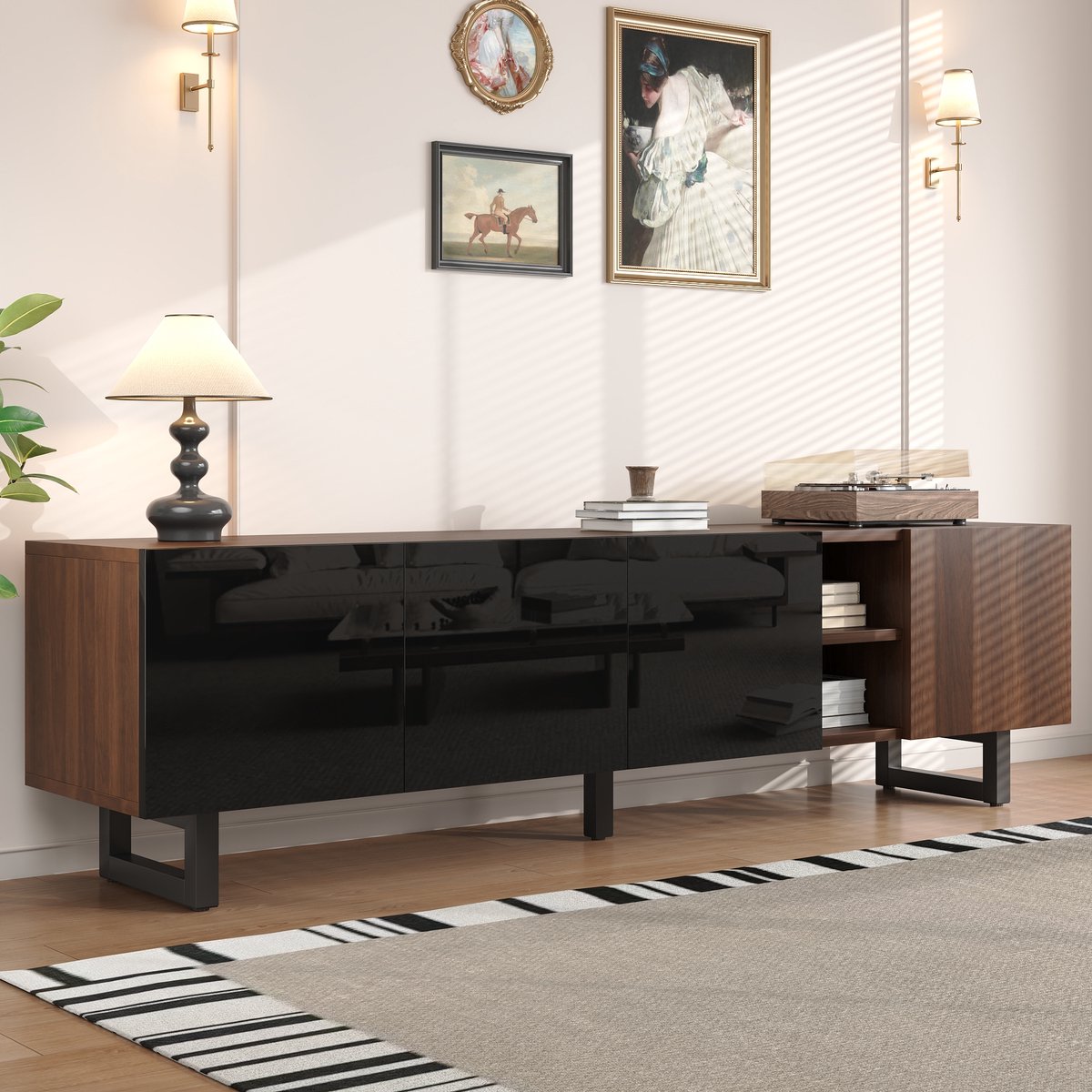 tv meubel Zwart-Natuur 180 cm - 4 deuren met hoogglans front - Vintage houtnerf - Griffloos design - Metalen frame - Draagvermogen 60 kg