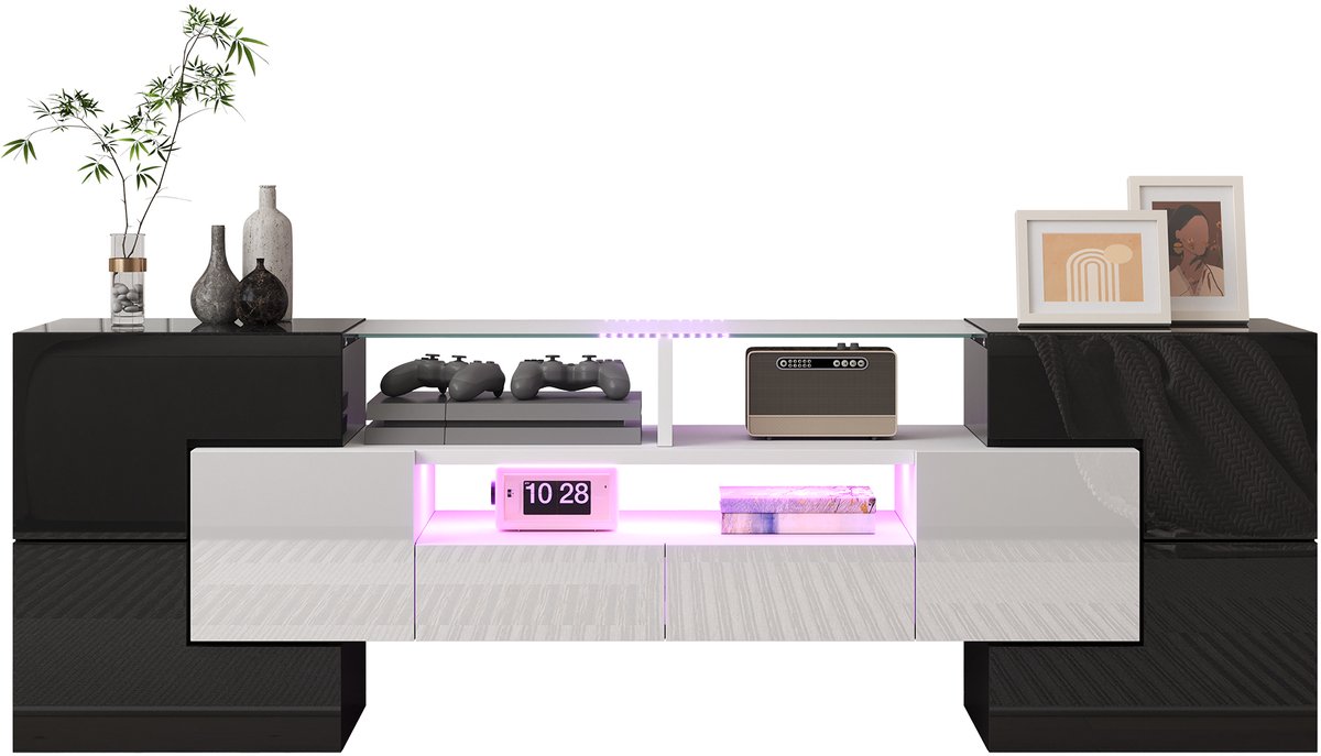 Hoogglans tv meubel met LED-verlichting en glazen blad - Voor woonkamer - 145 cm breed - Wit en betonlook - 6 deuren en 2 lades - Sfeervolle LED-verlichting