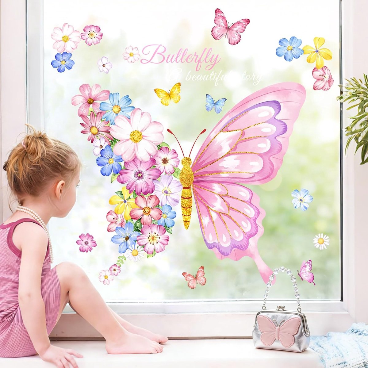 Raamstickers Zomer Roze Bloemen Vlinders Raamstickers Anti-Collision Raamklampen voor Thuiskantoor Klaslokaal Decor