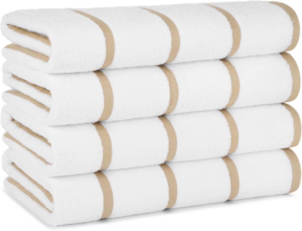 Las Rayas strandhanddoeken - (pak van 4) 100% ringgesponnen katoen, zachte, sneldrogende witte badhanddoek, 480 g/m² handdoeken voor hotel, resort, spa, hot tube, 30 x 60 inch, beige strepen