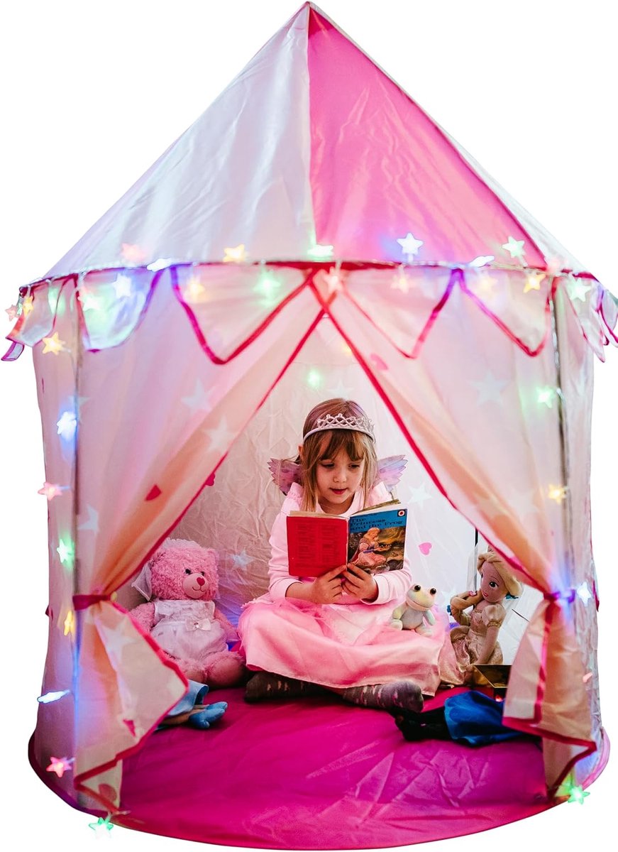 Prinsessenspeeltent voor meisjes met veelkleurige LED-sterren en een speelgoedregenboogkikker | Prinsessenkasteeltent | Een speeltent voor binnen en buiten | Compact formaat: 105 cm Br x 135 cm Ho