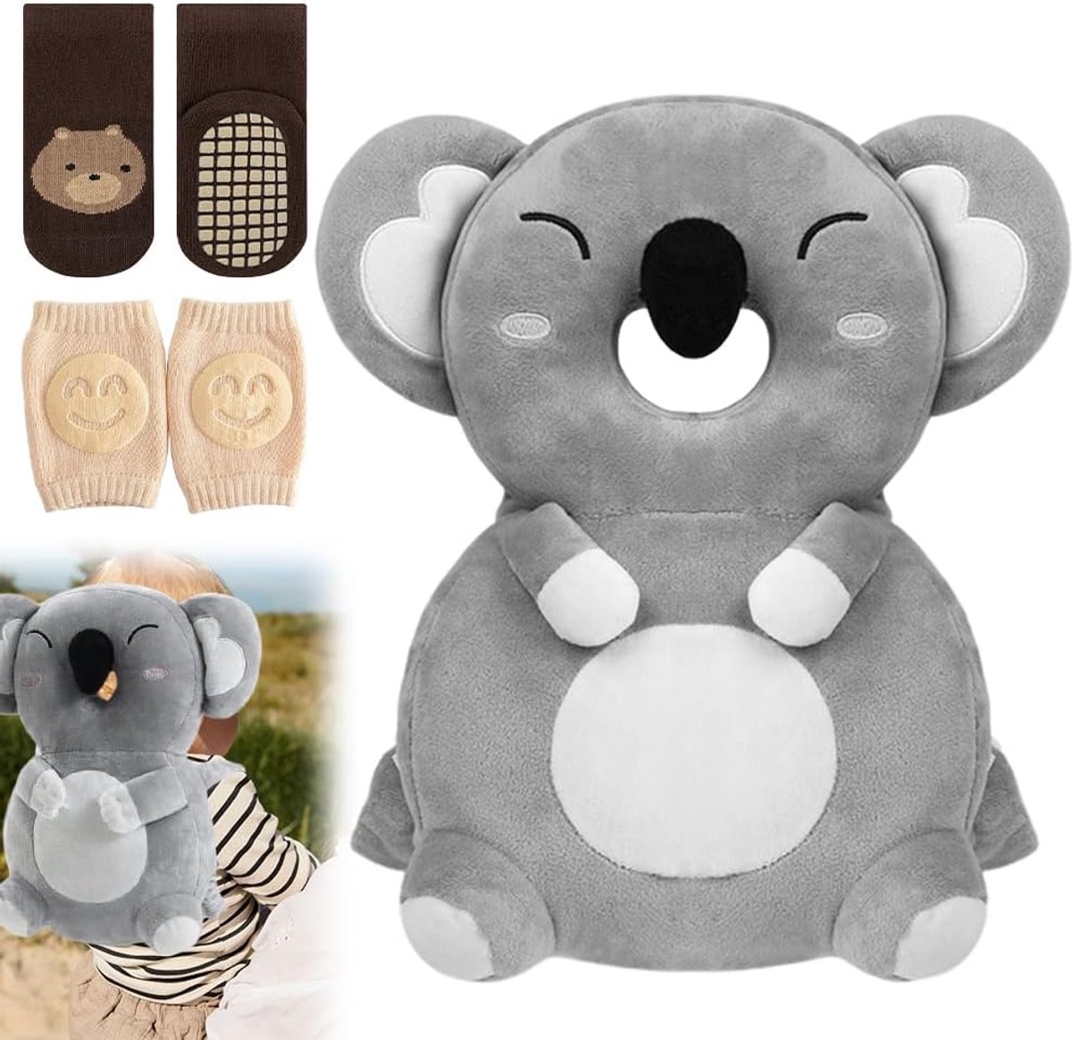 Hoofdbeschermingskussen Koala, Verstelbare Baby Rugzak met Kniebeschermers & Antislip Sokken, Zacht Hoofd- en Rugbeschermer voor Peuters 6–24 Maanden